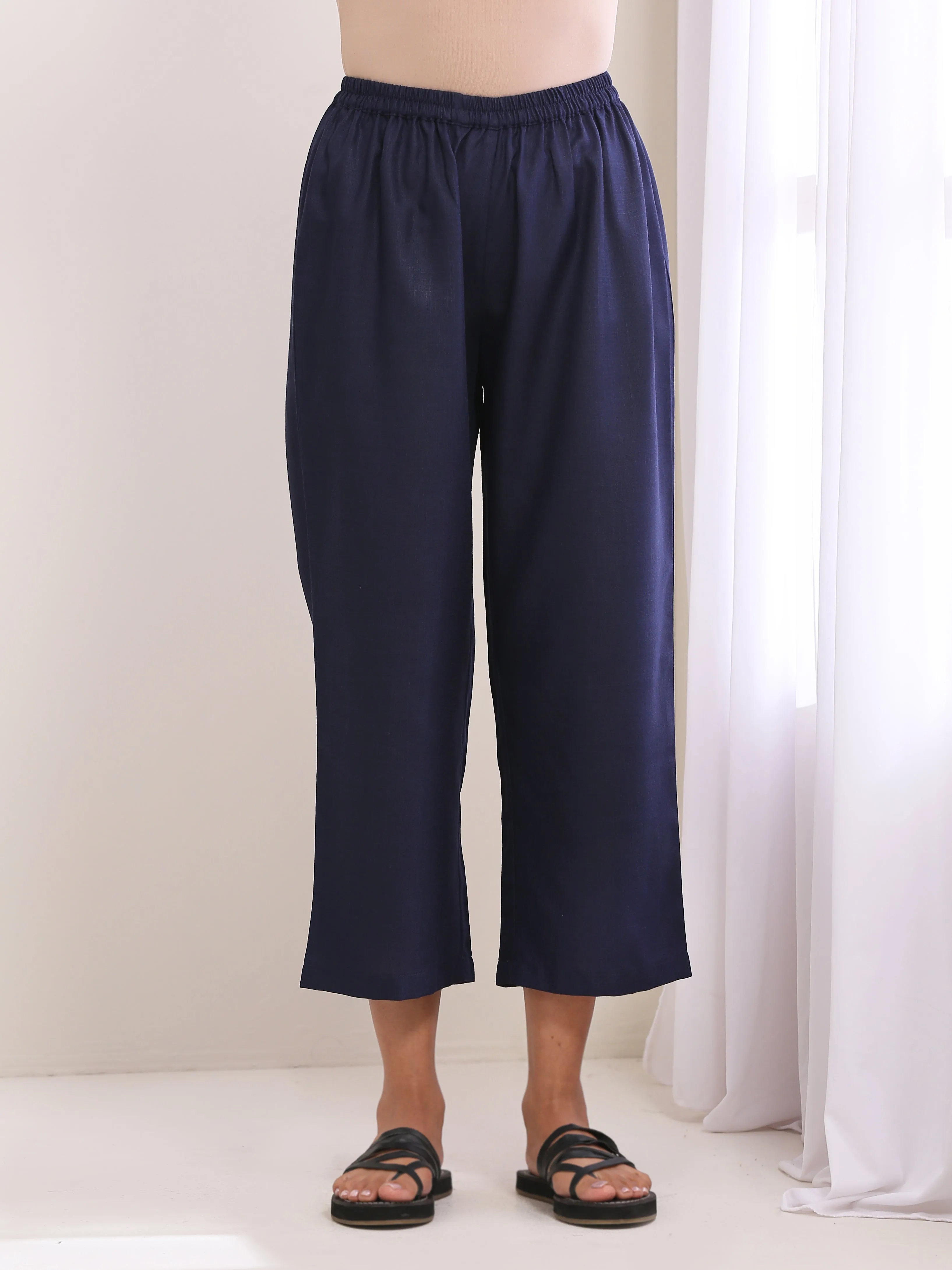 Blue Slub High Slit Kurta Pant Set