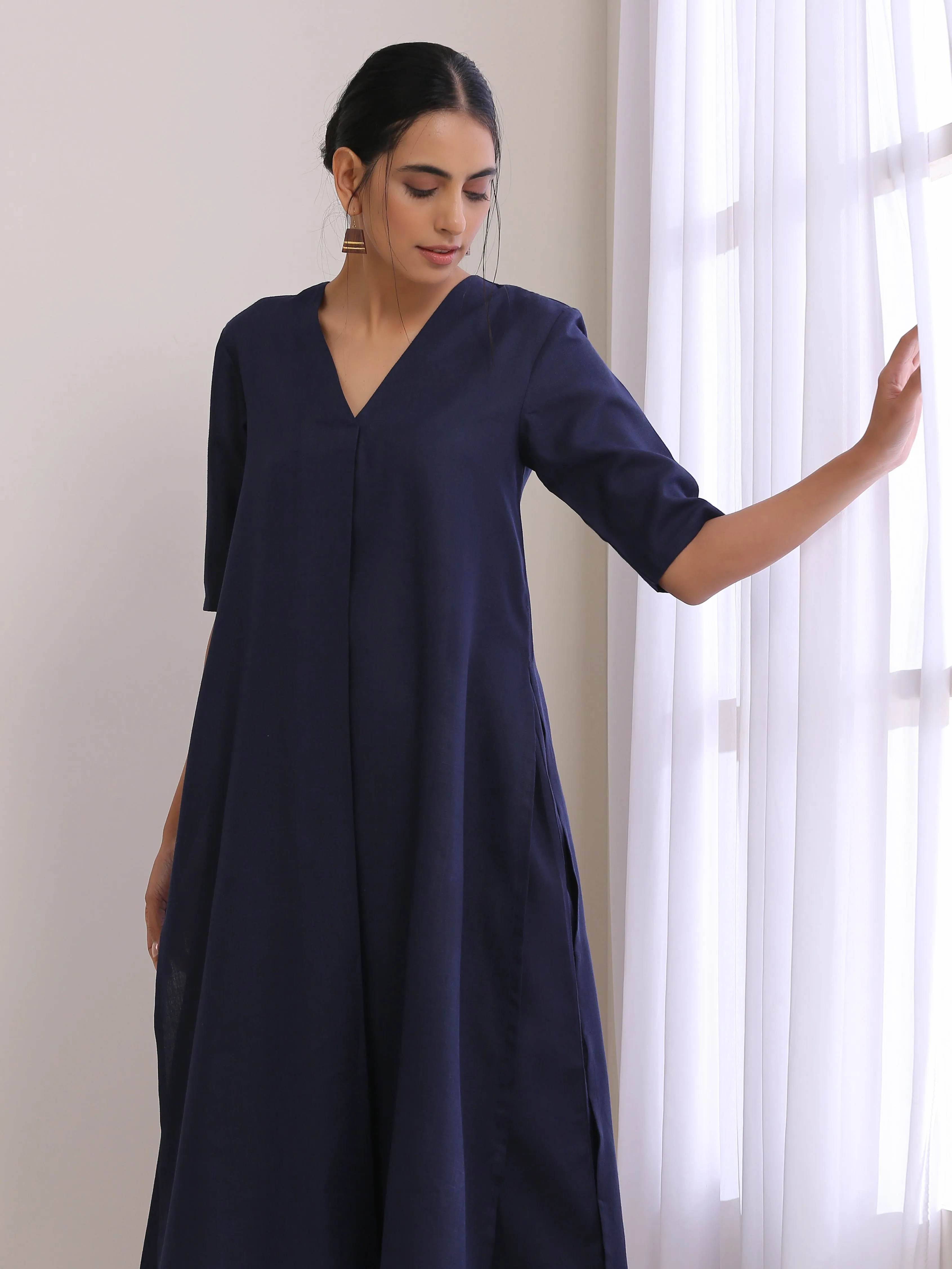 Blue Slub High Slit Kurta Pant Set