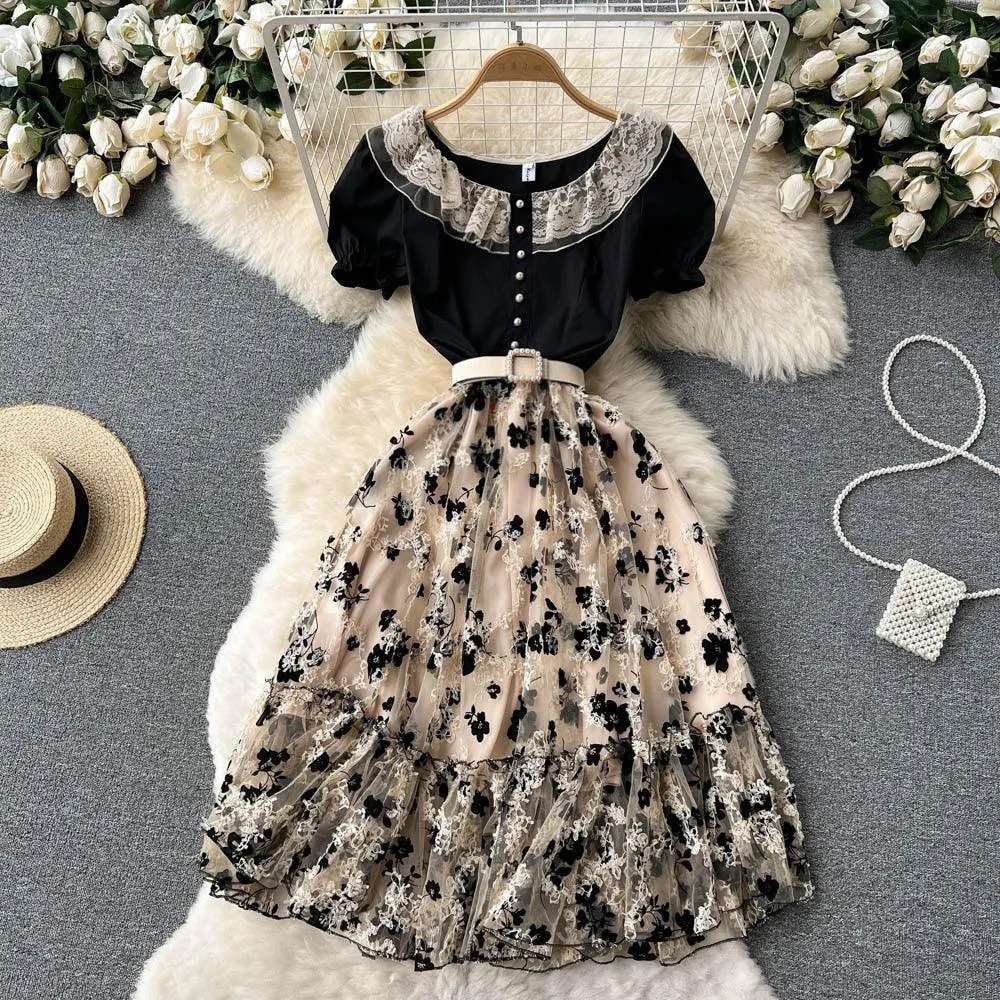 Bohemian Lace Mesh Embroidered Patchwork Dress, Women Short Sleeve Ruffles O Neck Pearls Belted Dress