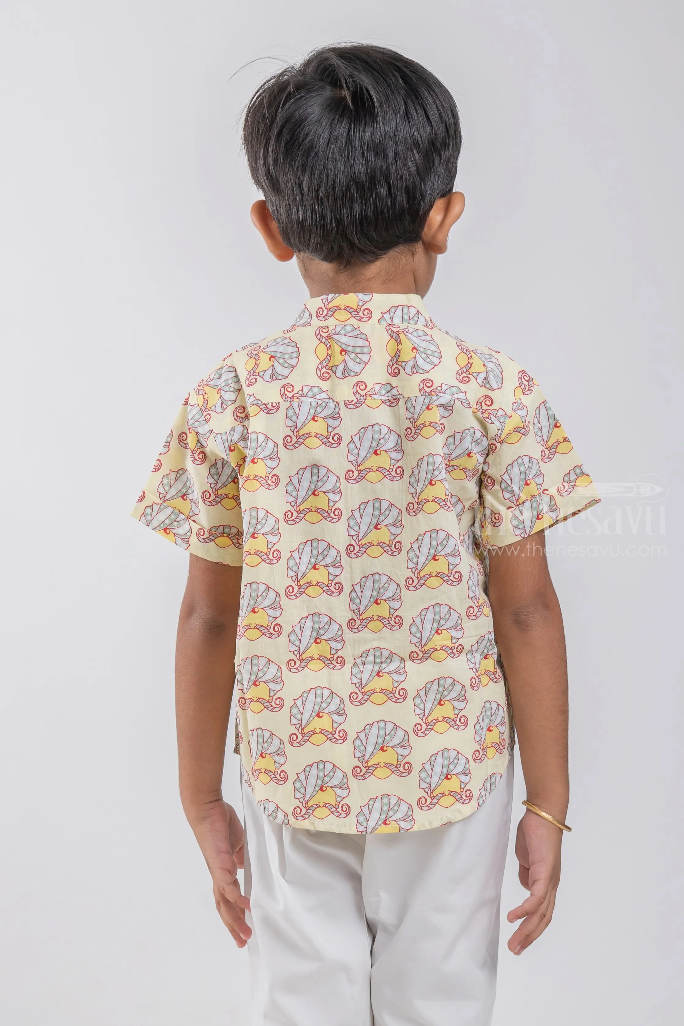 Boys Rajasthani Printed Yellow Cotton Shirt By The Nesavu