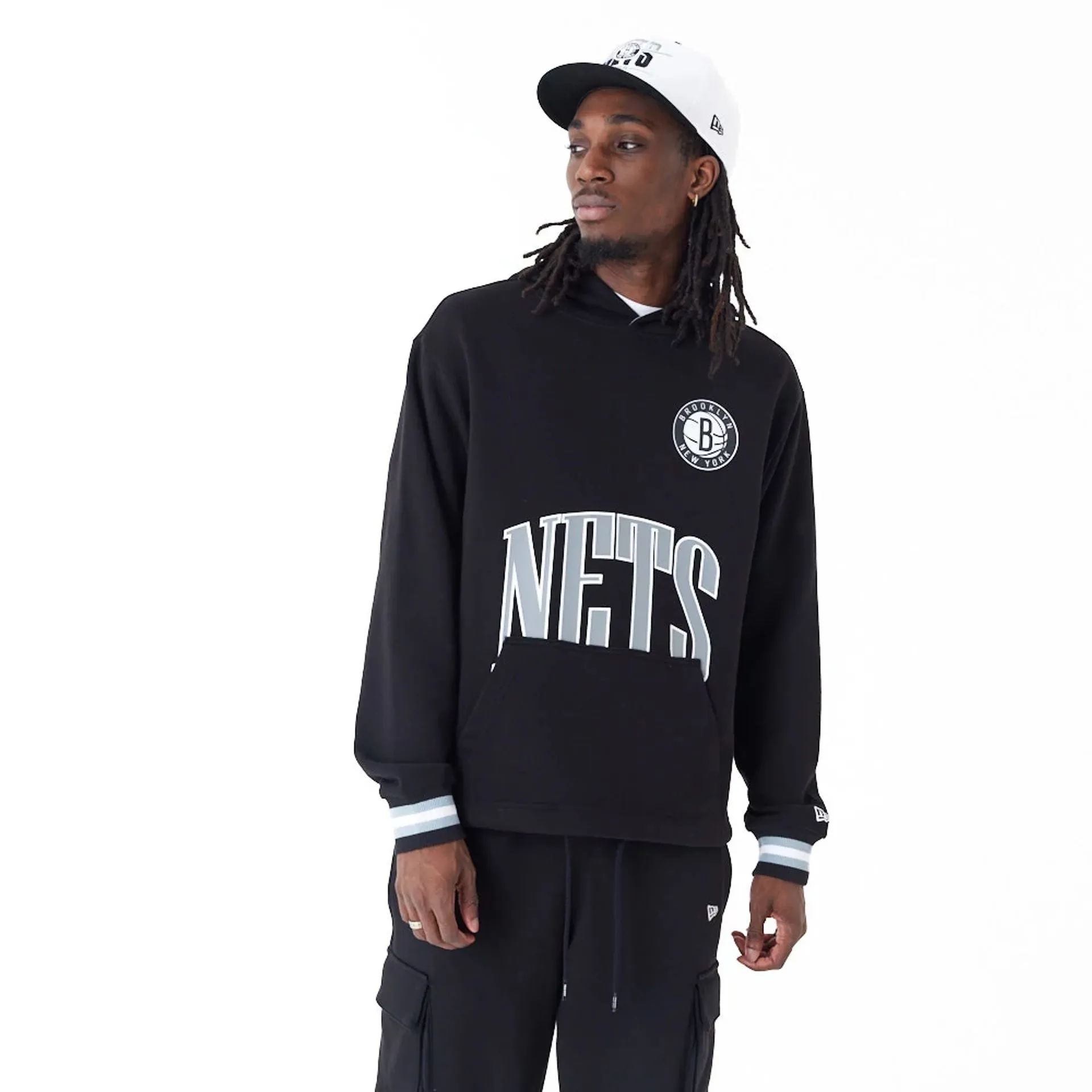 Brooklyn Nets NBA Arch Graphic Black Oversized Pullover Hoodie