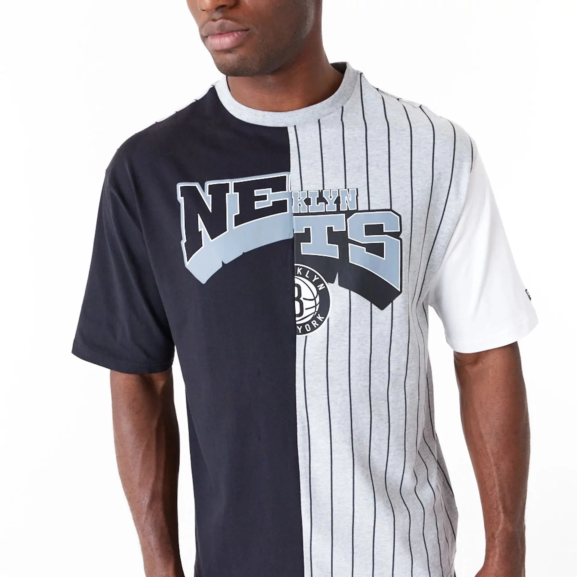 Brooklyn Nets NBA Half Pinstripe Grey Oversized T-Shirt