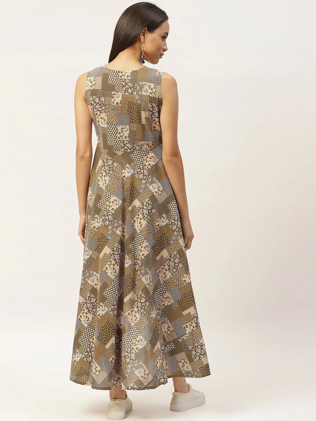 Brown Floral High Low Flared Maxi Dress