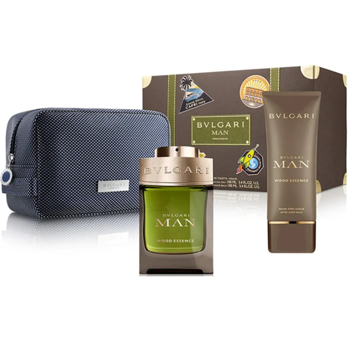 Bvlgari Man Wood Essence Parfum 100ml, After Shave Balm 100ml & Pouch Set