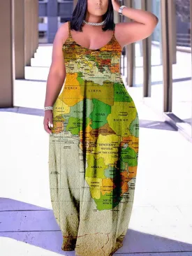 Casual Map Print Spaghetti Strap Maxi Dress