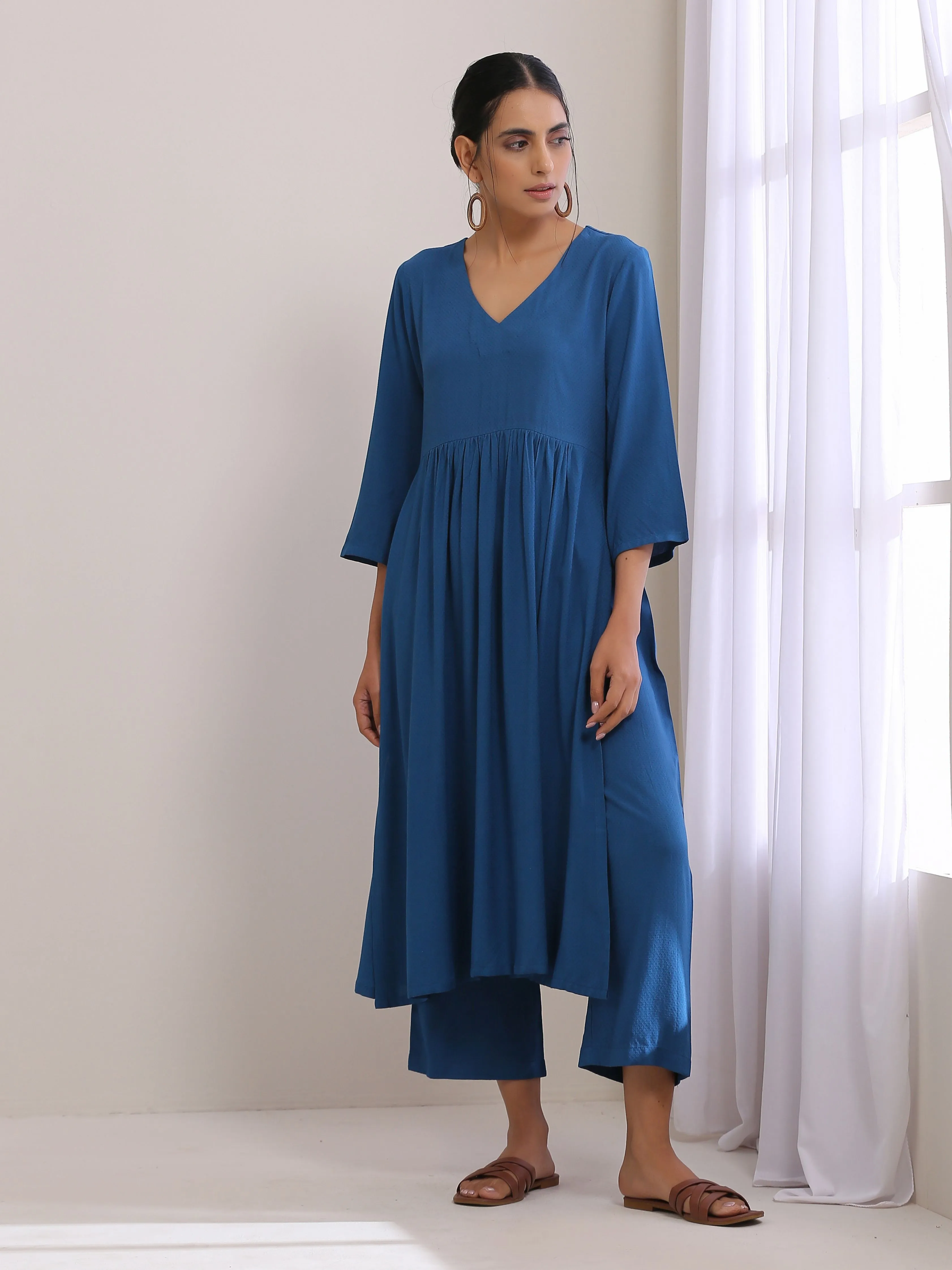 Classic Blue Dobby High Slit Gathered Kurta Set