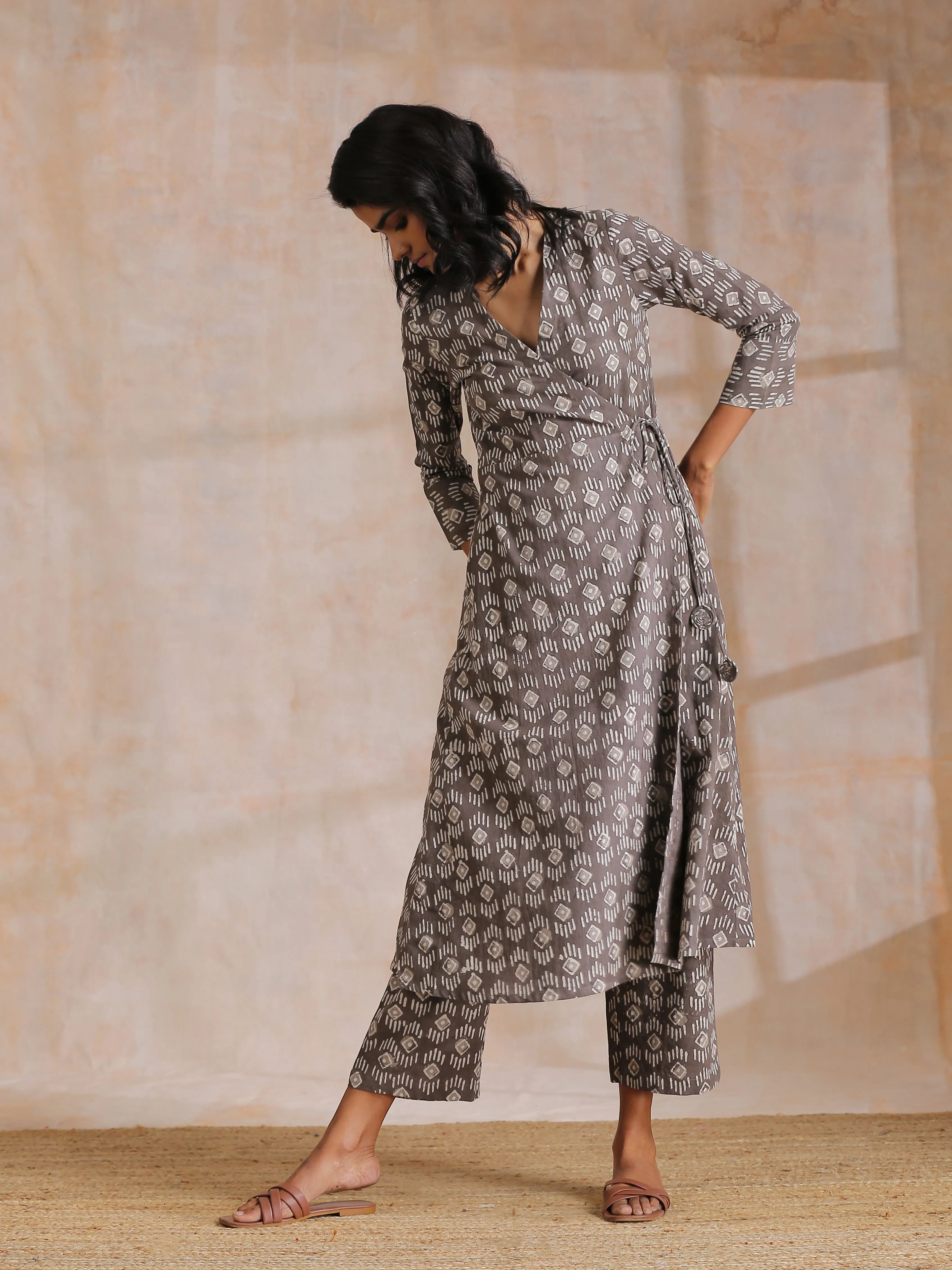 Clay Dabu Geometric Print  Cotton Angrakha Kurta Pant Set