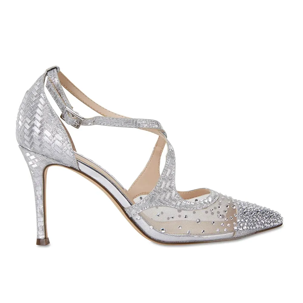 Conetta Heel in Silver Glitter Satin