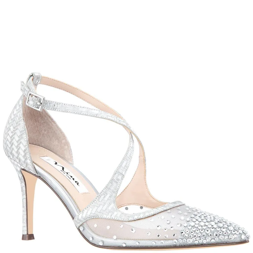 Conetta Heel in Silver Glitter Satin