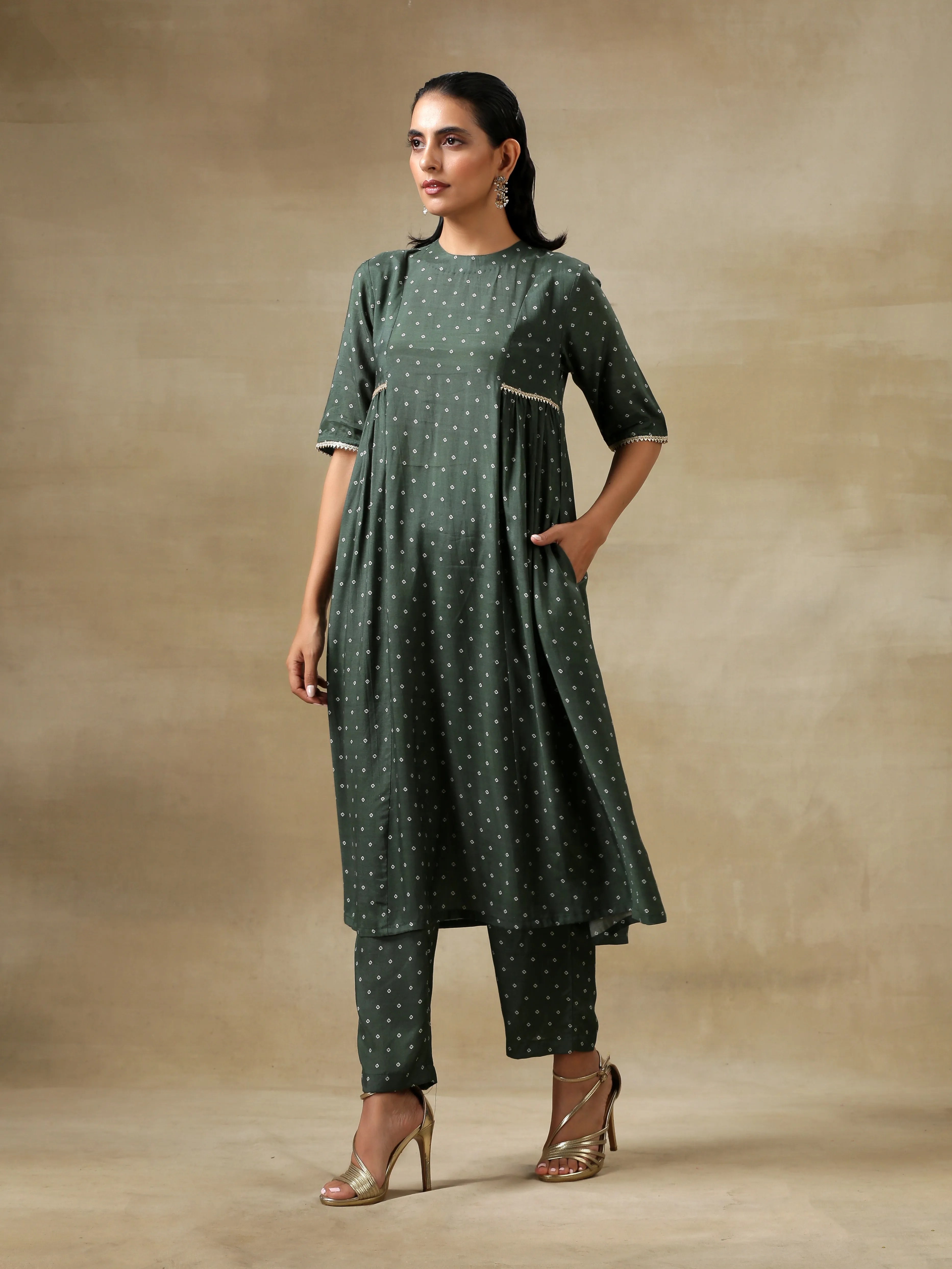 Dark Green Bandhani Printed Silk Side Gathered Kurta Pant Set