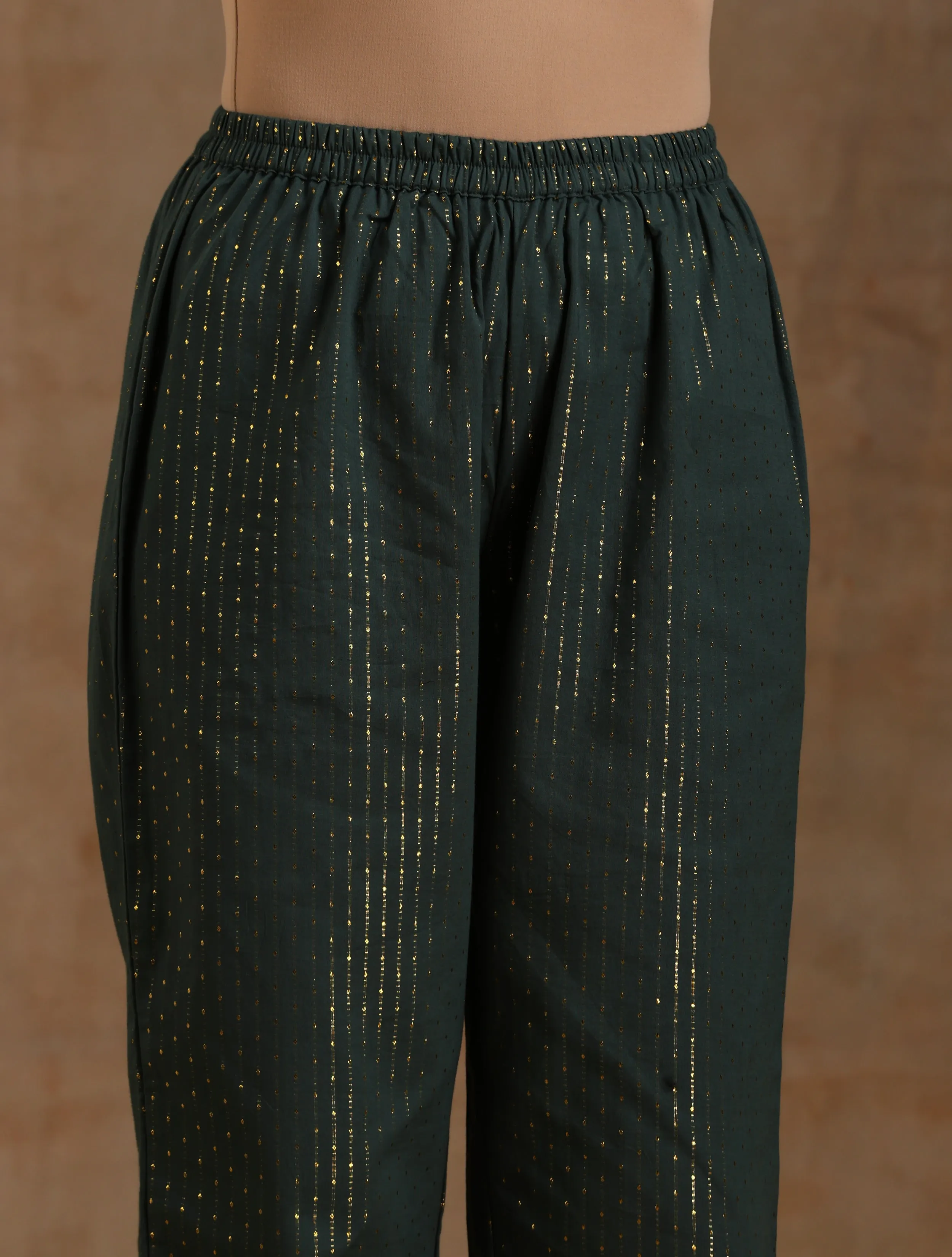 Dark Green Gold Cotton High-Low Co-Ord Set