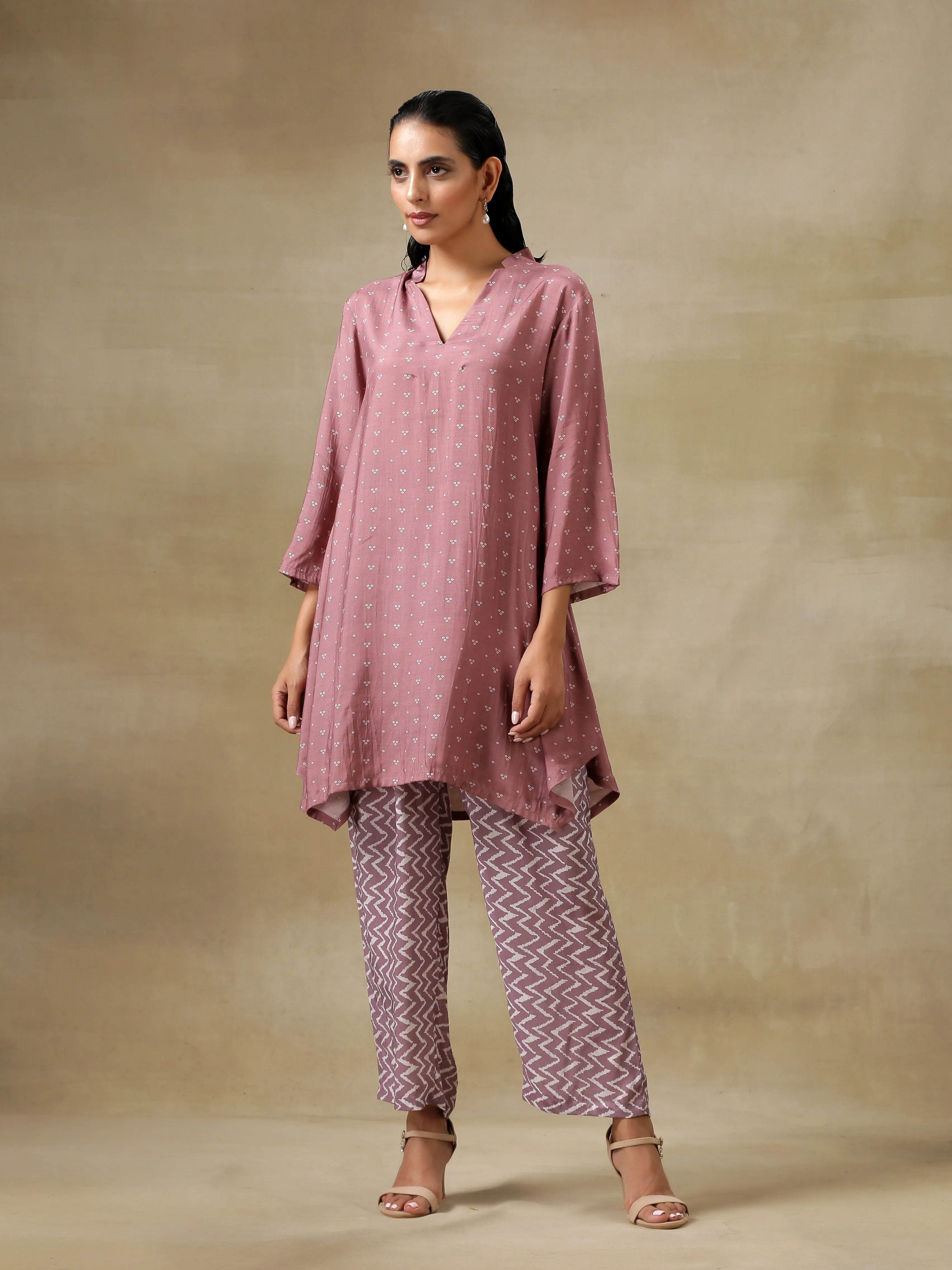 Dark Mauve Bandhani Printed Silk Collared Co-Ord Set