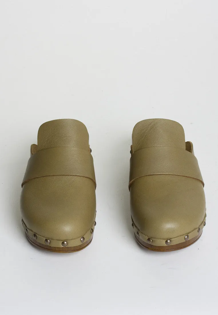 Ester Olive Studded Leather Clogs