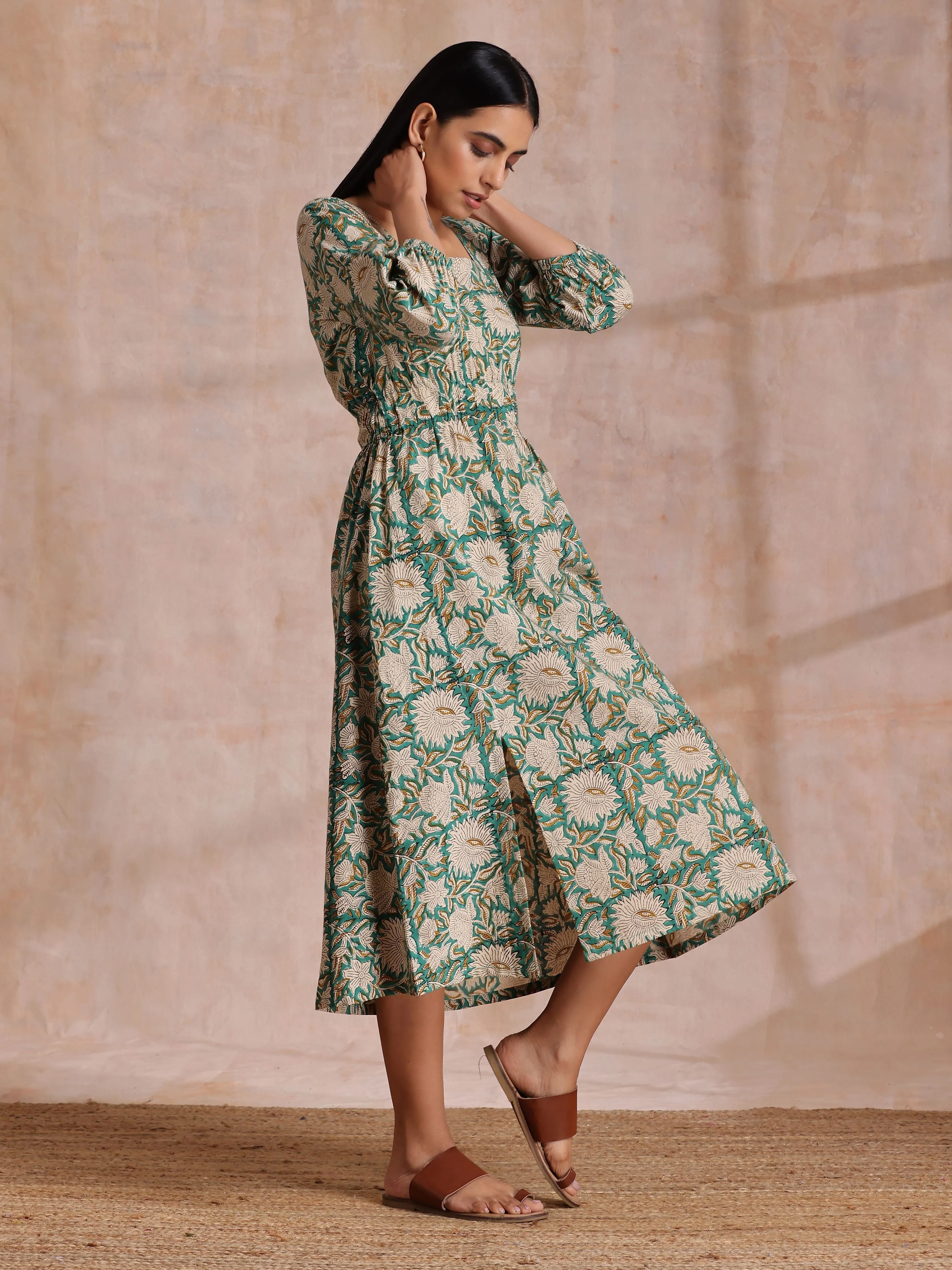 Fern Green Overall Floral Block Print Cotton Square Neck Dress