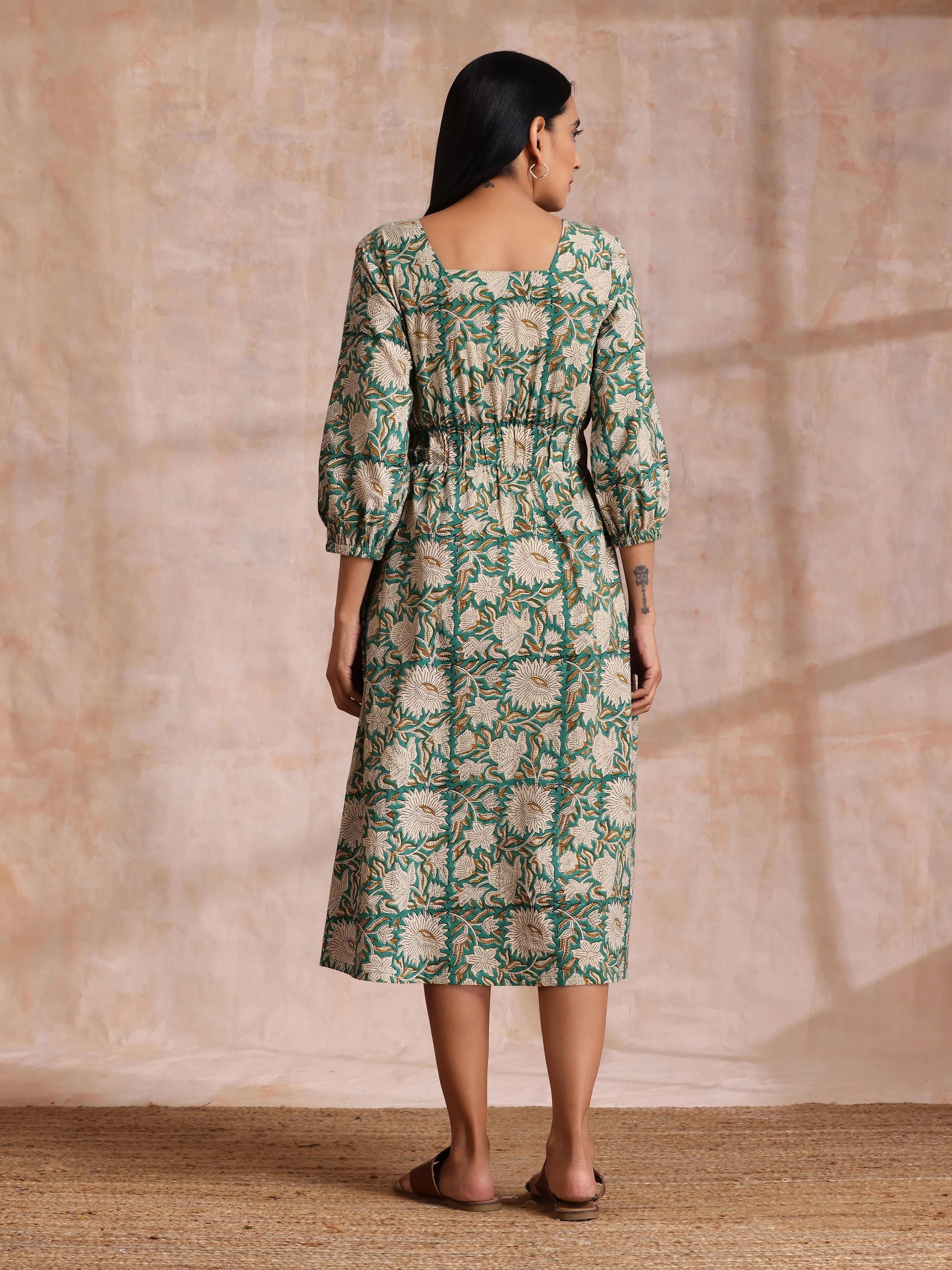 Fern Green Overall Floral Block Print Cotton Square Neck Dress