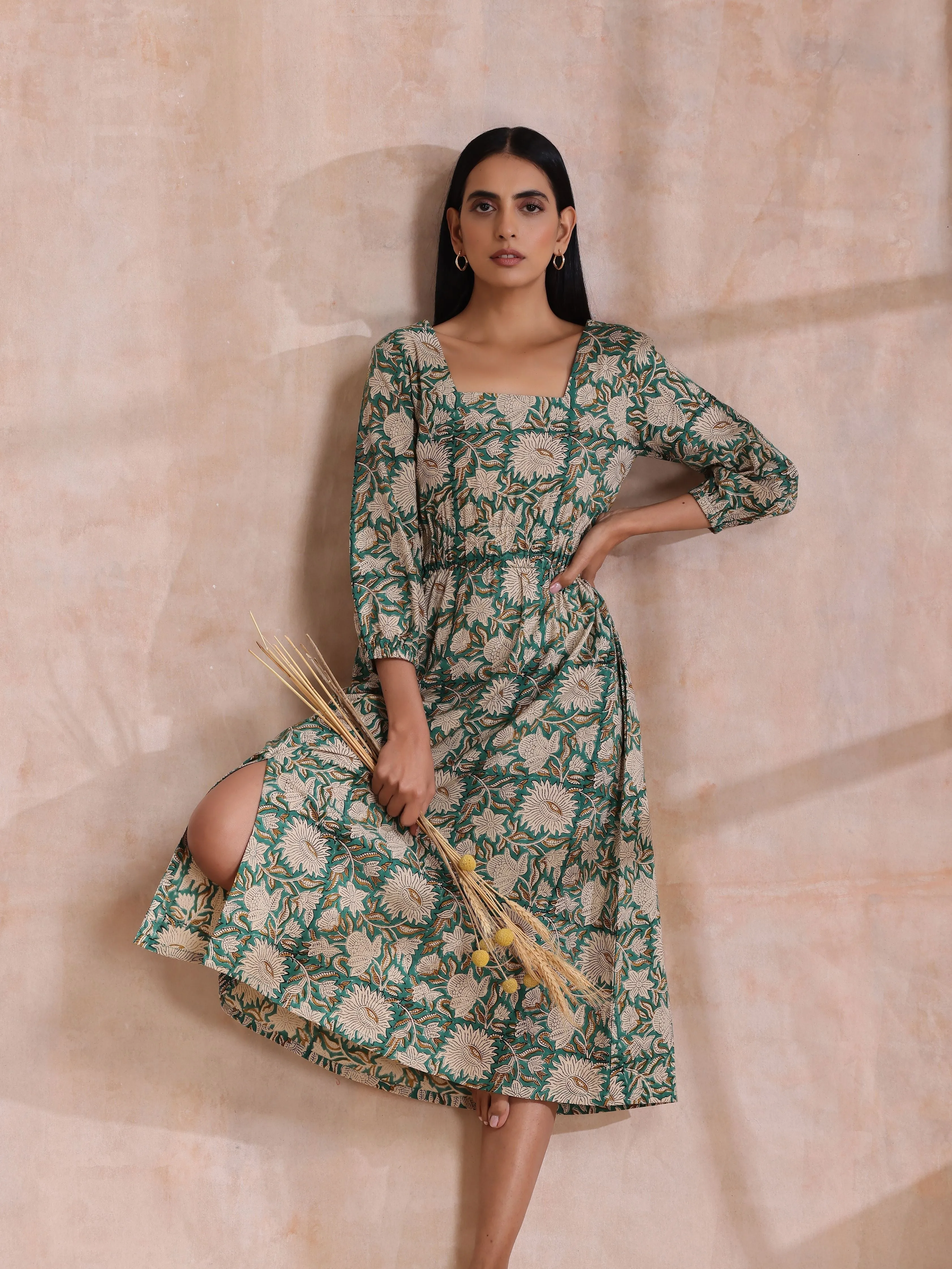 Fern Green Overall Floral Block Print Cotton Square Neck Dress