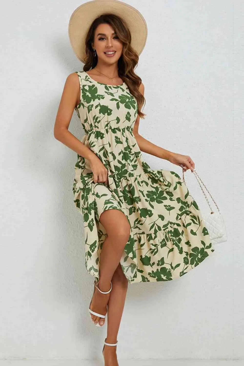 Floral Round Neck Tiered Sleeveless Dress