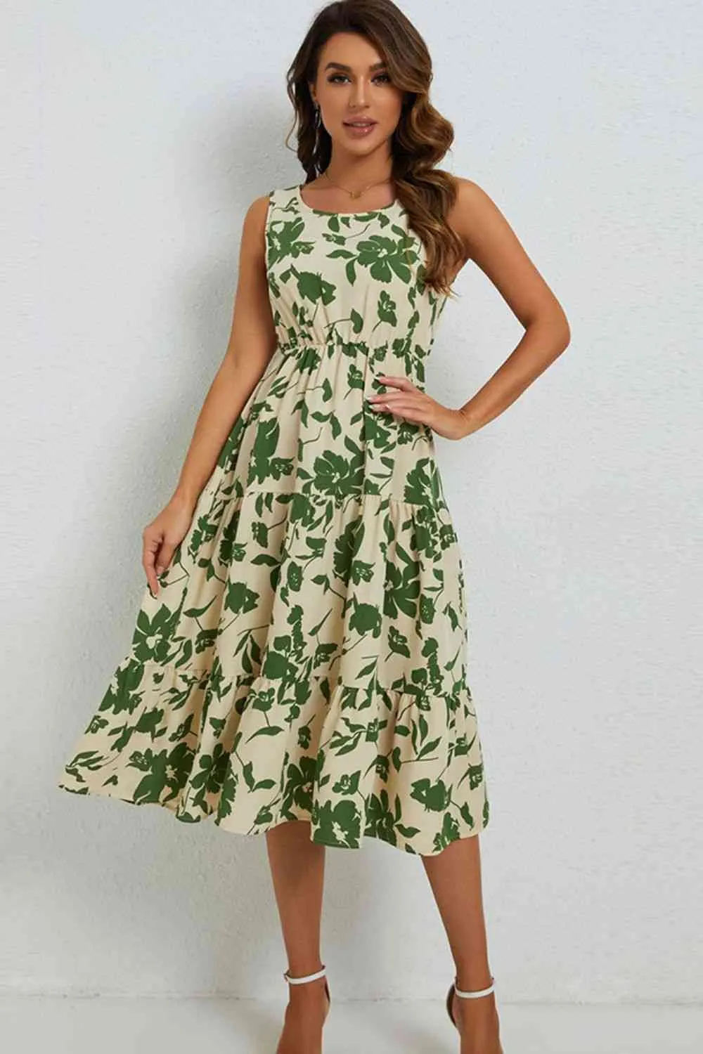 Floral Round Neck Tiered Sleeveless Dress