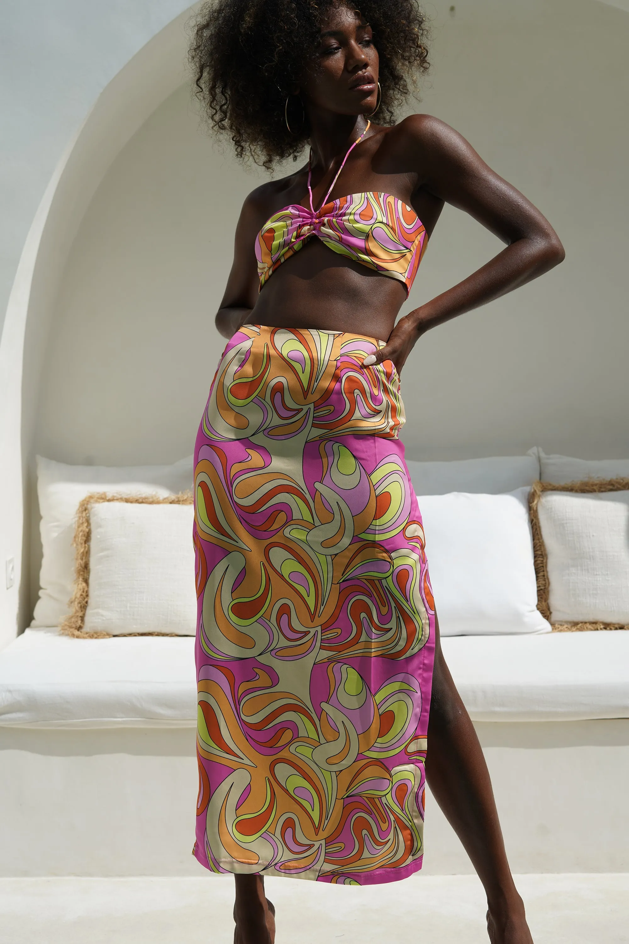 Frankie Two Tone Satin Maxi Skirt - Psychedelic Print