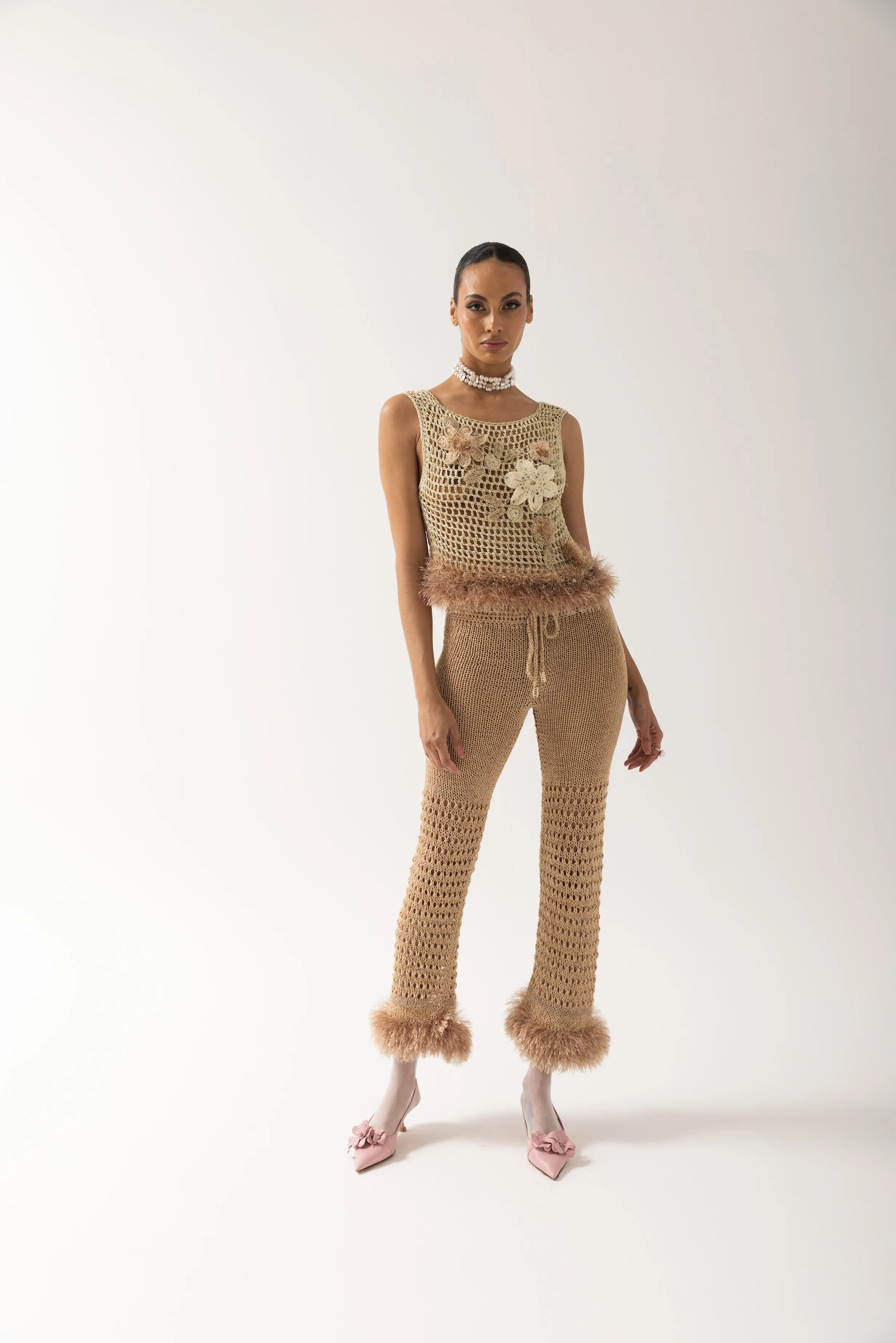 Gold Handmade Crochet Top With Embroidery