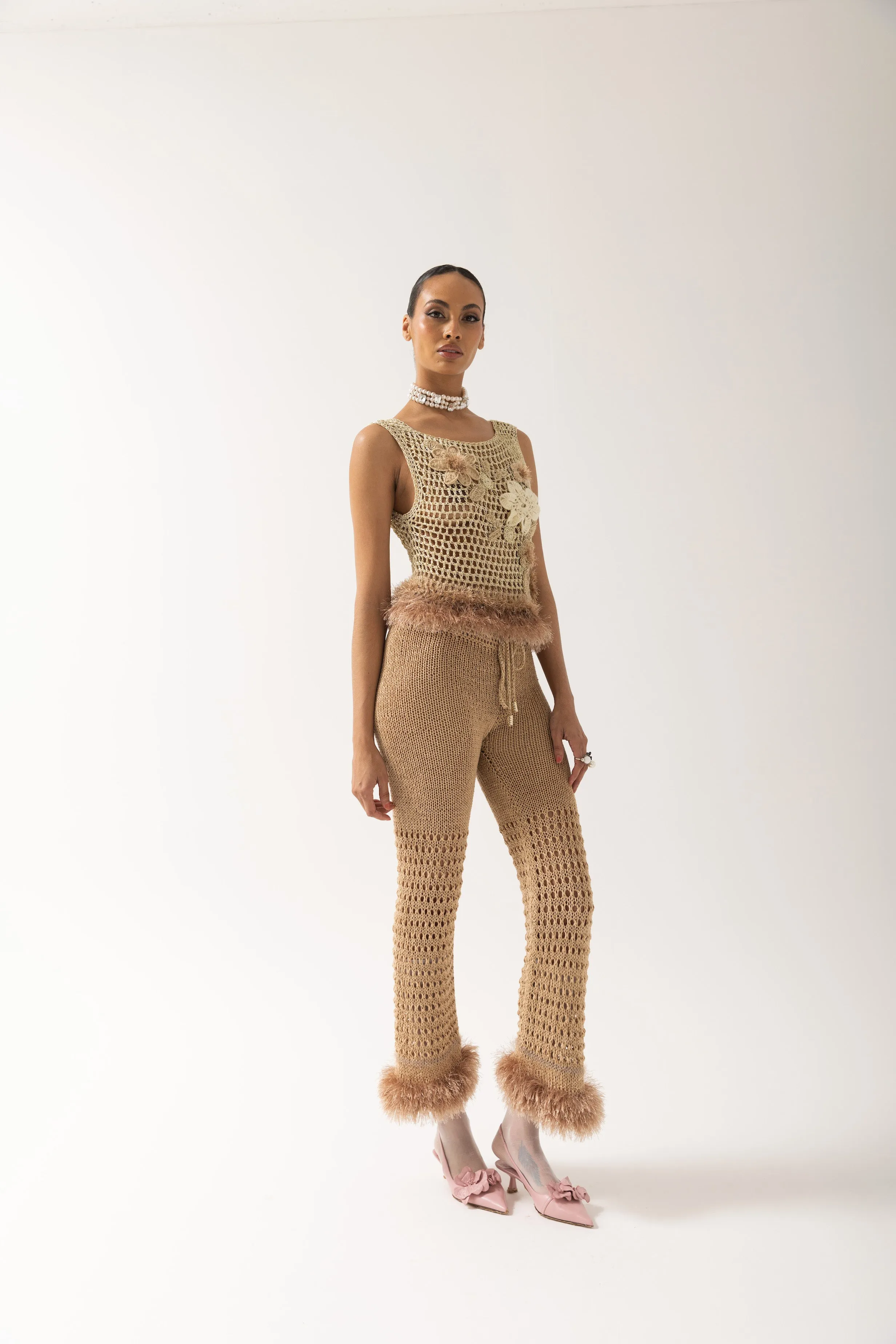 Gold Handmade Crochet Top With Embroidery