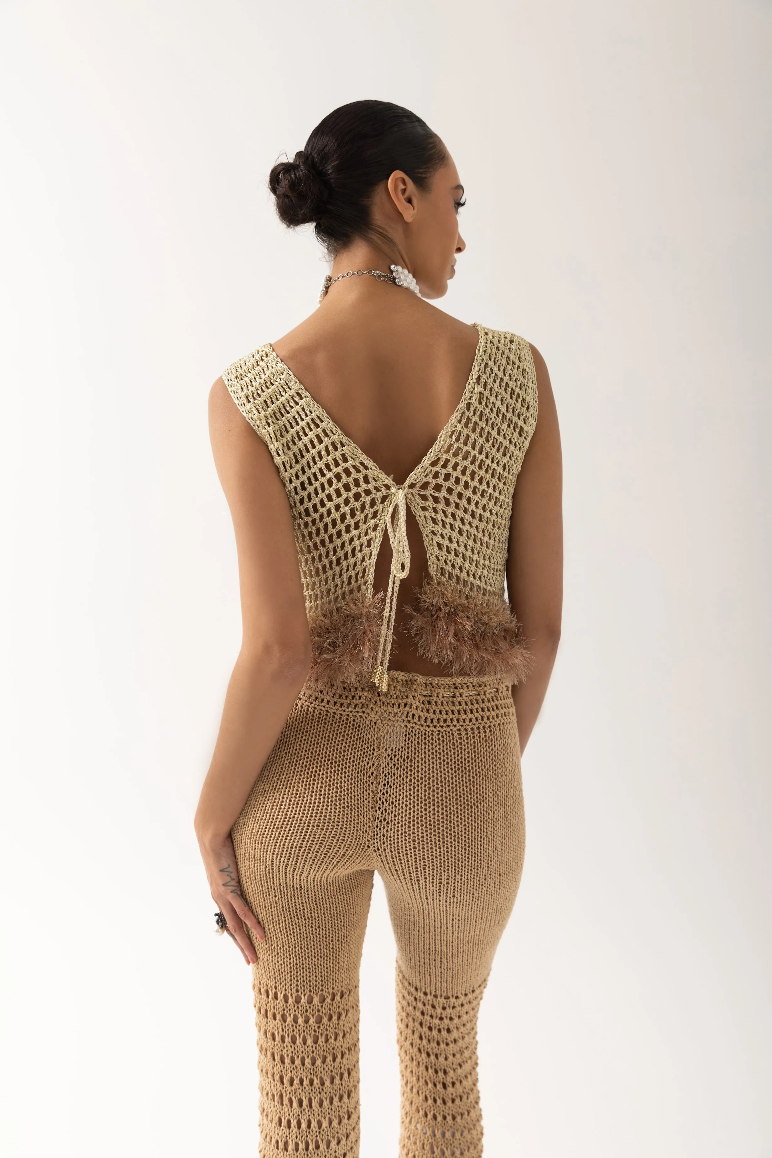 Gold Handmade Crochet Top With Embroidery