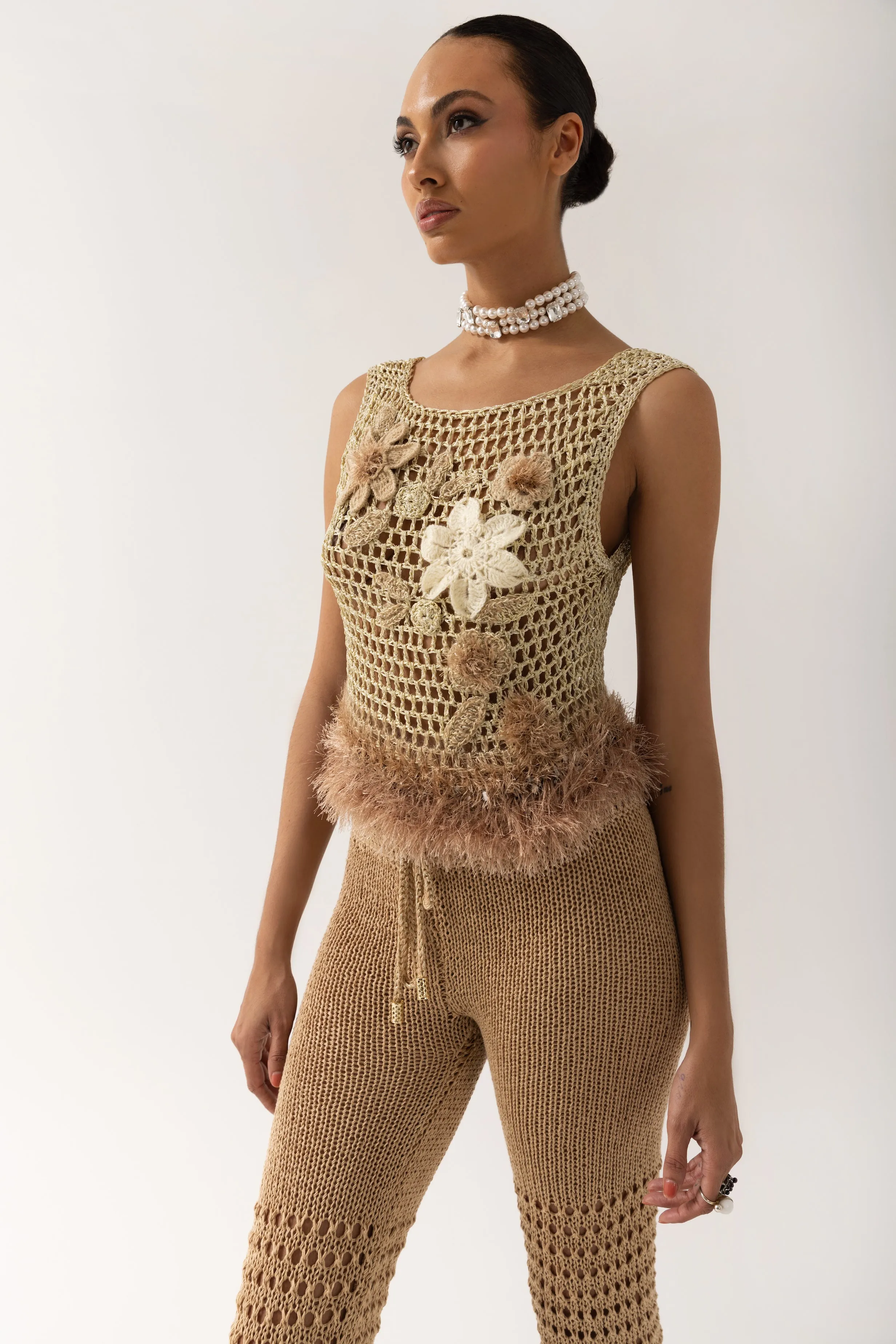 Gold Handmade Crochet Top With Embroidery