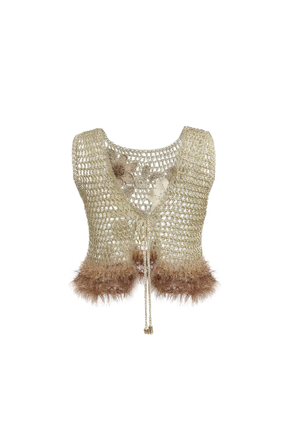 Gold Handmade Crochet Top With Embroidery