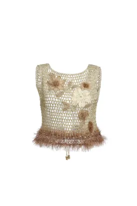 Gold Handmade Crochet Top With Embroidery