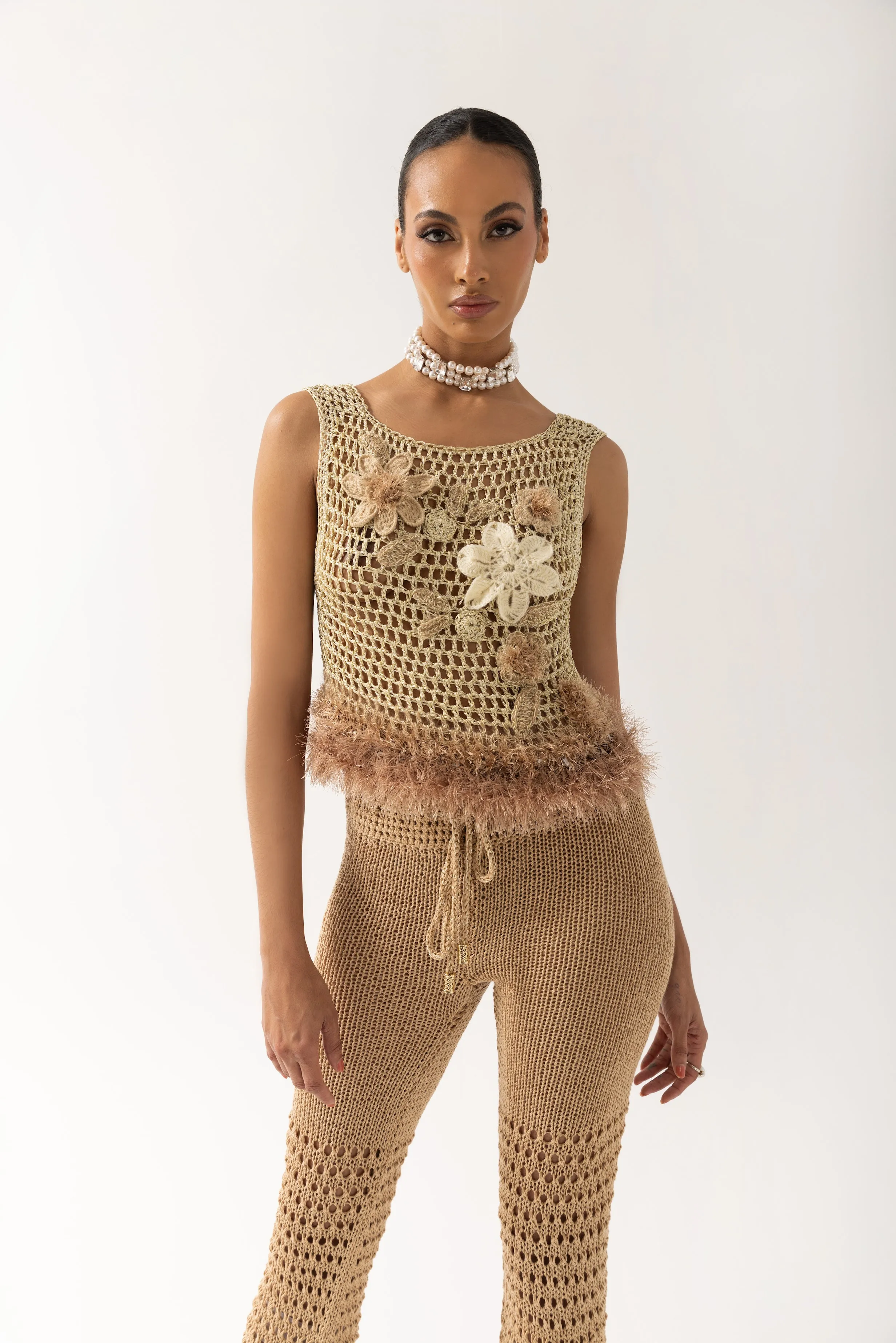 Gold Handmade Crochet Top With Embroidery