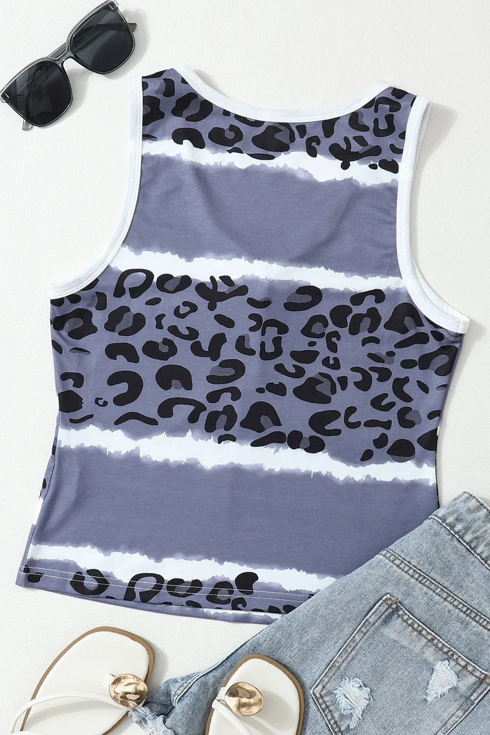 Gray Tie Dye Leopard Patchwork Short Sleeve Top