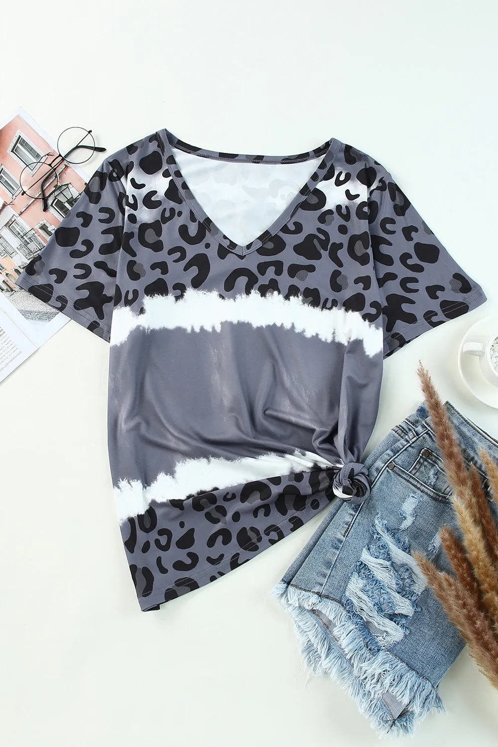 Gray Tie Dye Leopard Patchwork Short Sleeve Top