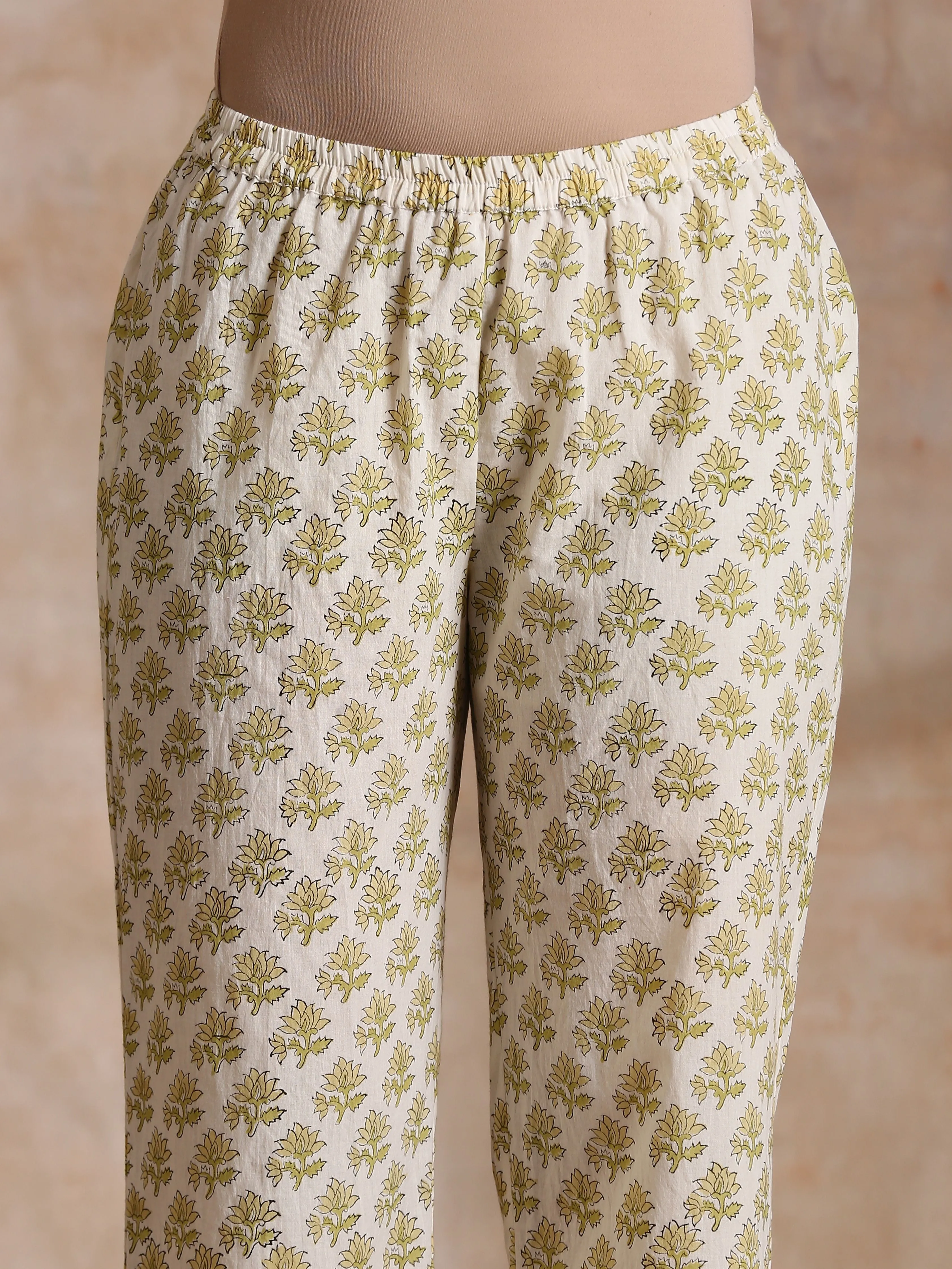 Green Buta On Off-White Block Print Cotton Co-Ord Set