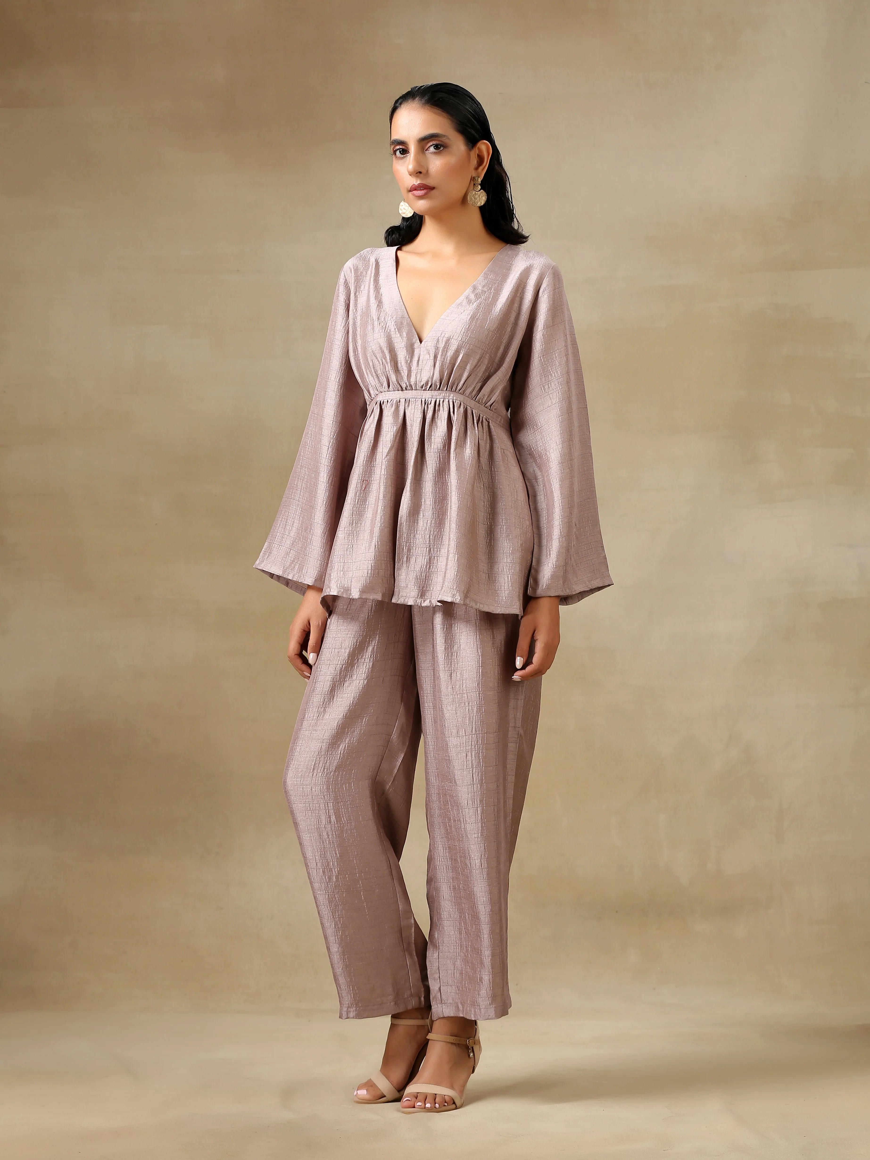 Grey Textured Silk Deep V-Neck Co-Ord Set