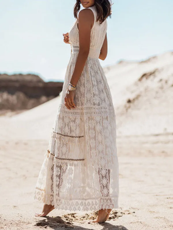 Hollow Lace White Maxi Dress