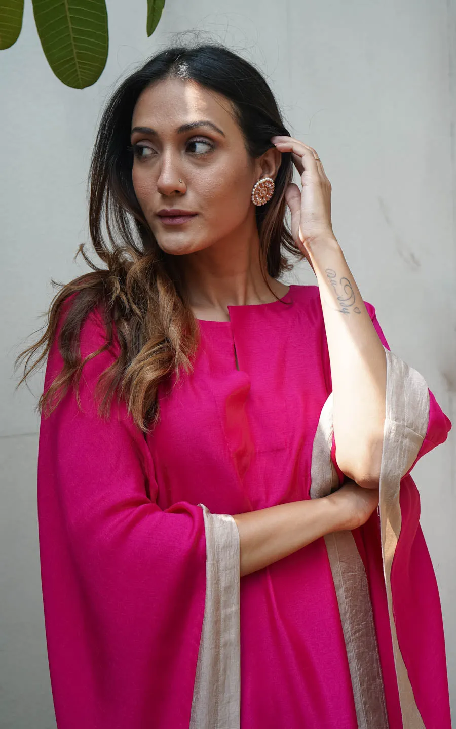 Hot Pink Silk Blend Kaftan Pant Set