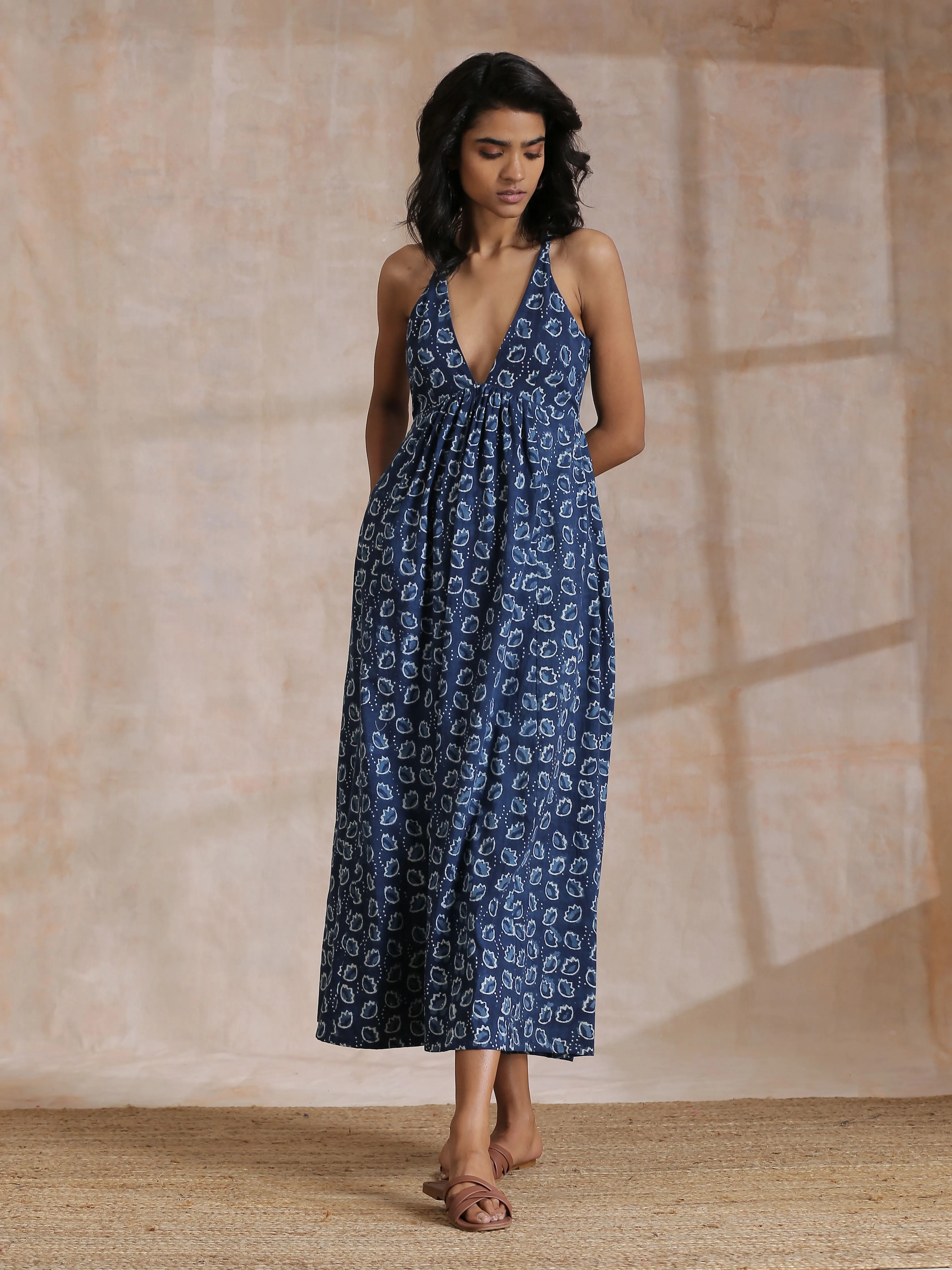 Indigo Dabu Floral Print Cotton Sleeveless Dress | Relove