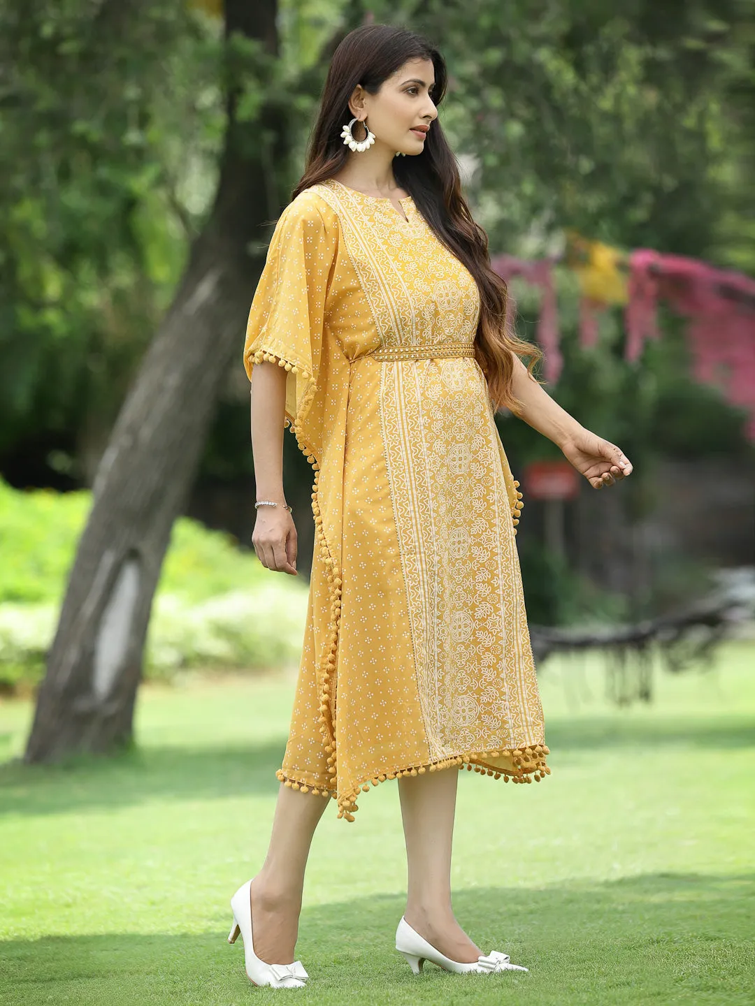 Juniper Mustard Bandhani Printed Georgette Kaftan.