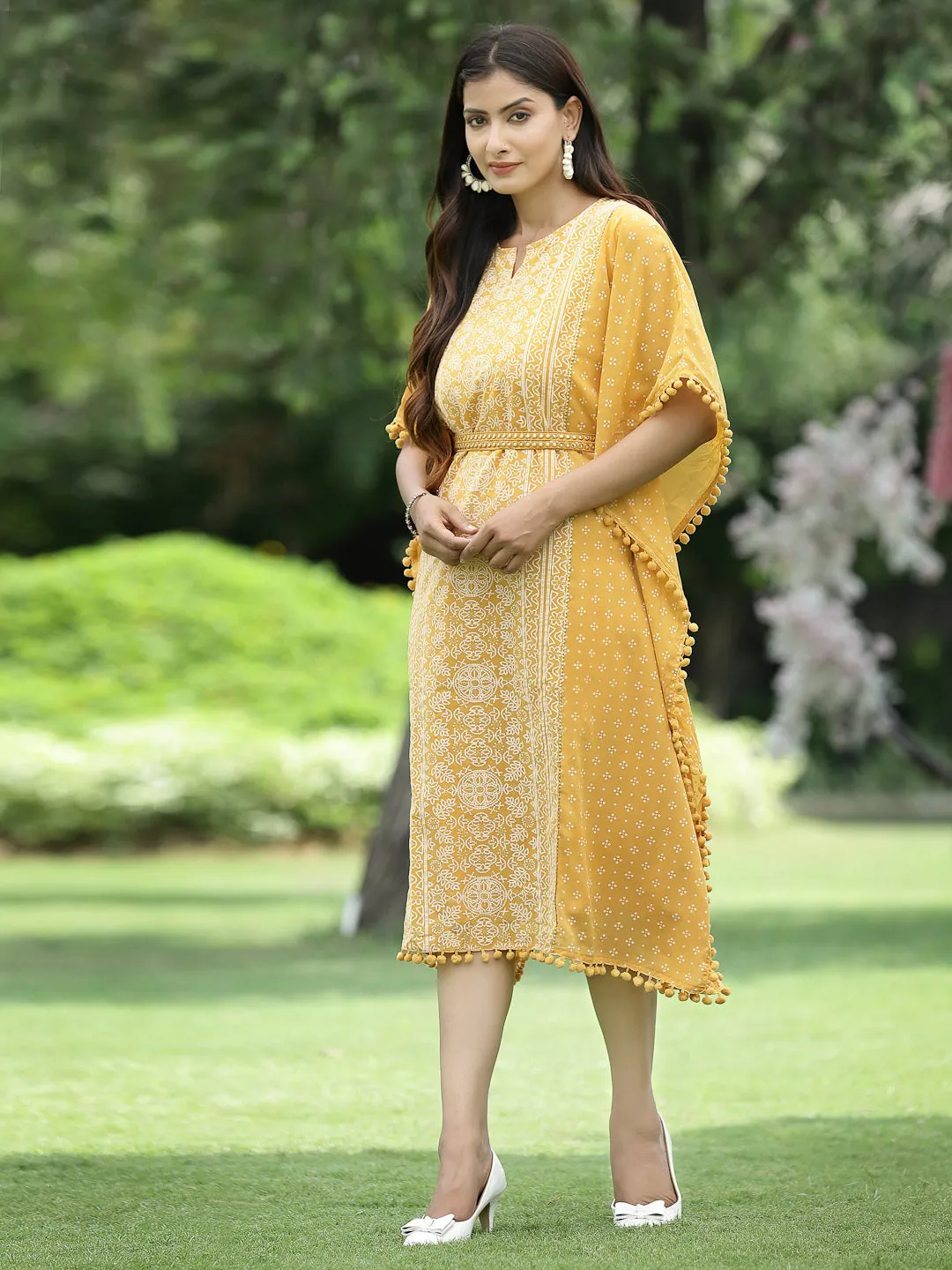 Juniper Mustard Bandhani Printed Georgette Kaftan.