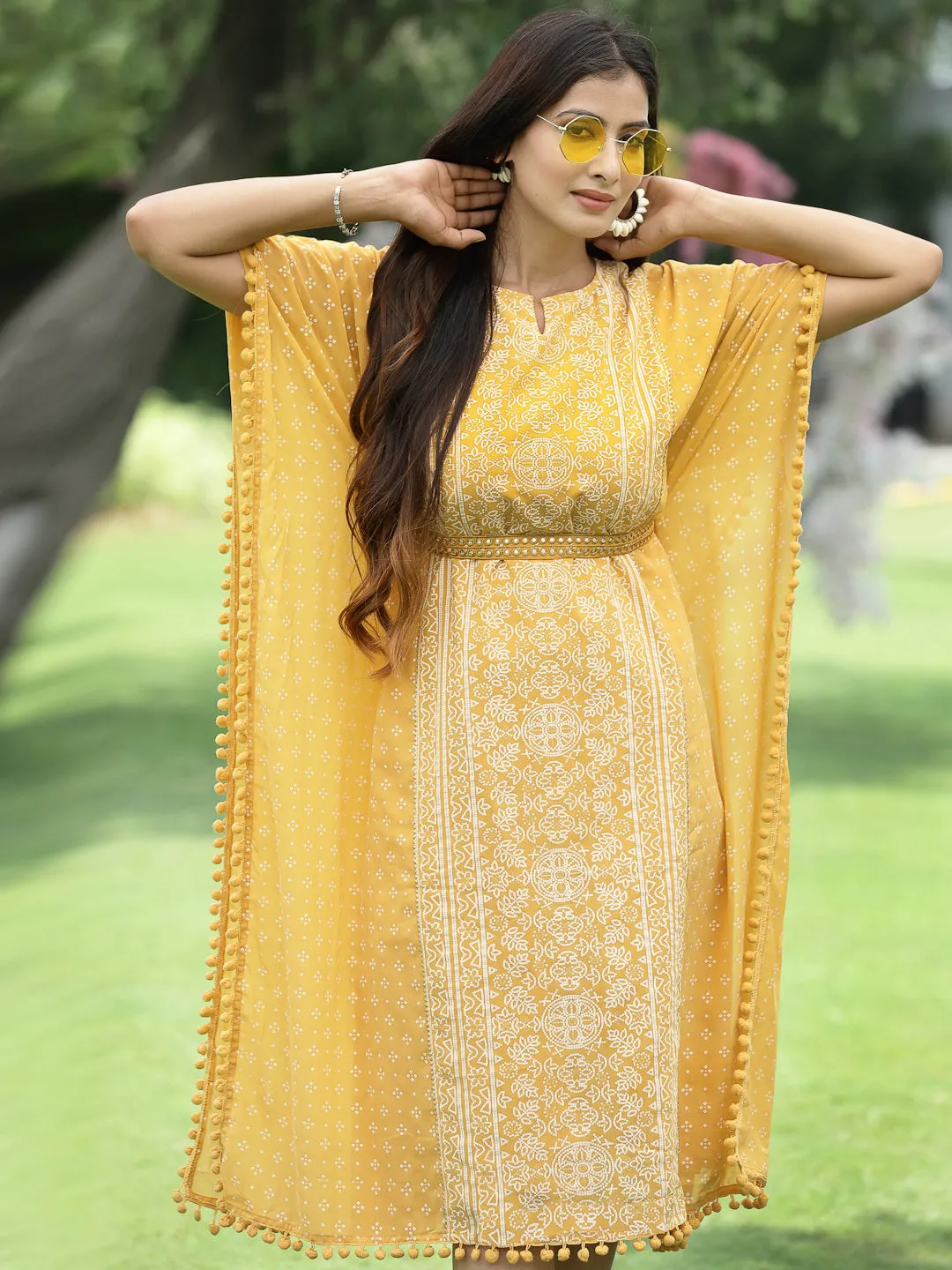 Juniper Mustard Bandhani Printed Georgette Kaftan.