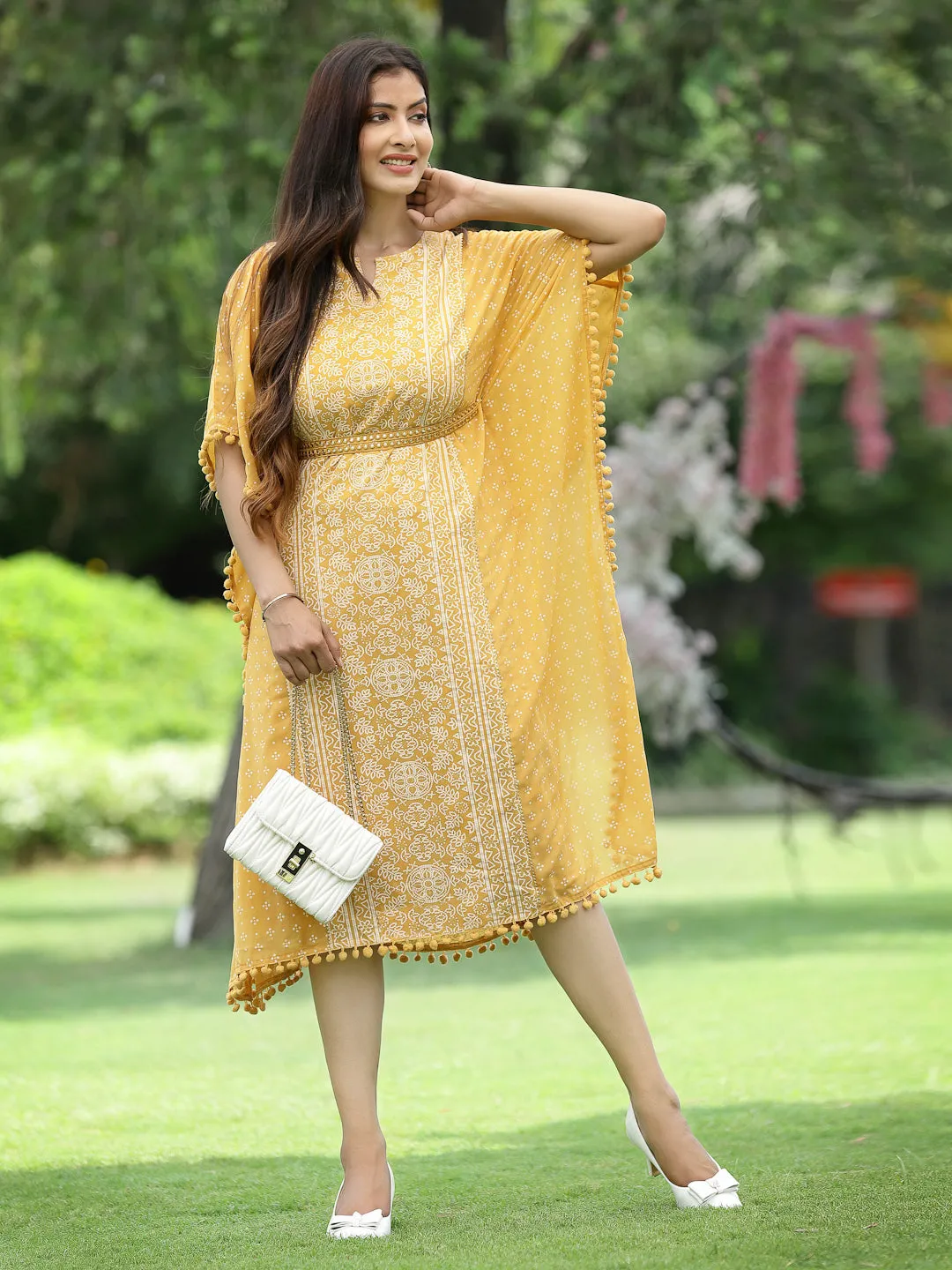 Juniper Mustard Bandhani Printed Georgette Kaftan.