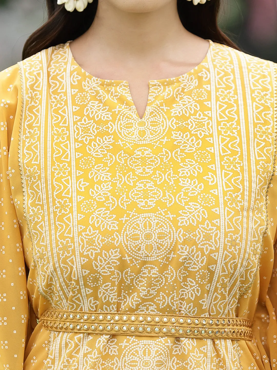 Juniper Mustard Bandhani Printed Georgette Kaftan.