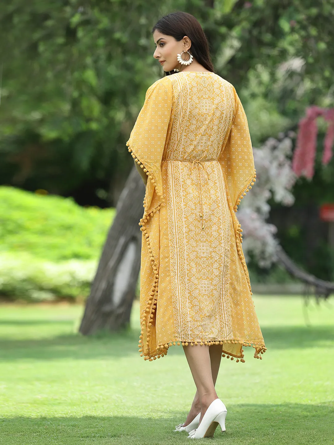 Juniper Mustard Bandhani Printed Georgette Kaftan.