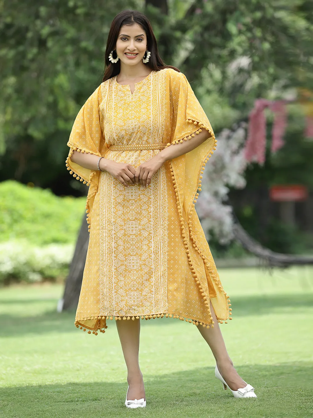 Juniper Mustard Bandhani Printed Georgette Kaftan.