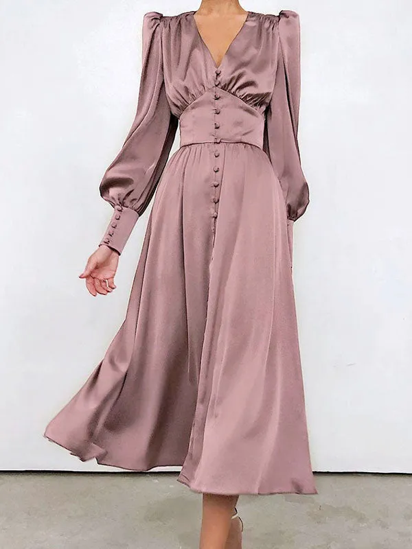 Lantern Sleeve Satin Maxi Dress