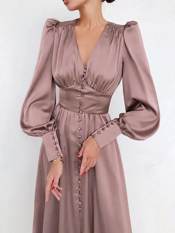 Lantern Sleeve Satin Maxi Dress