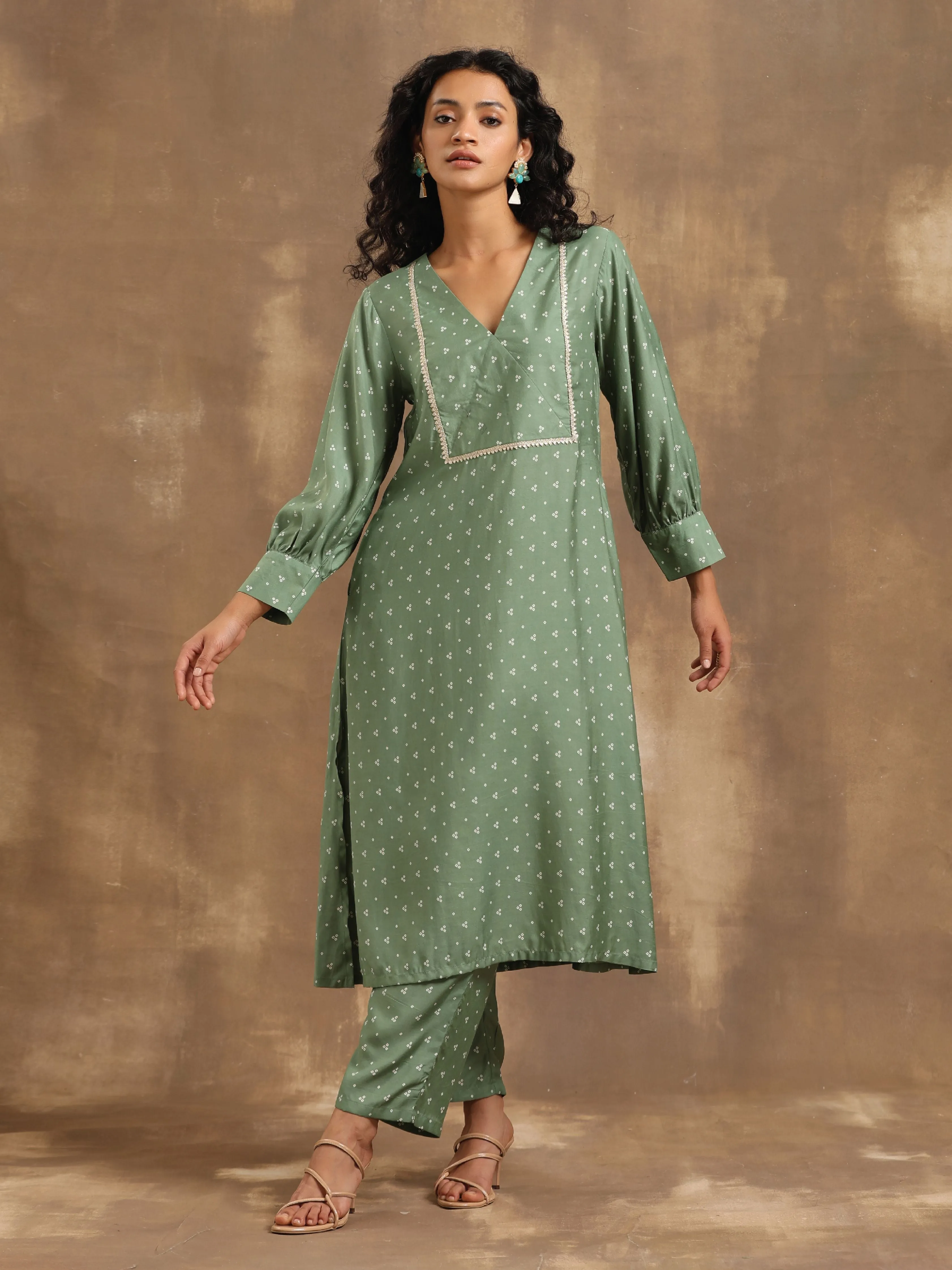 Light Green Bandhani Printed Silk Kurta Pant Set