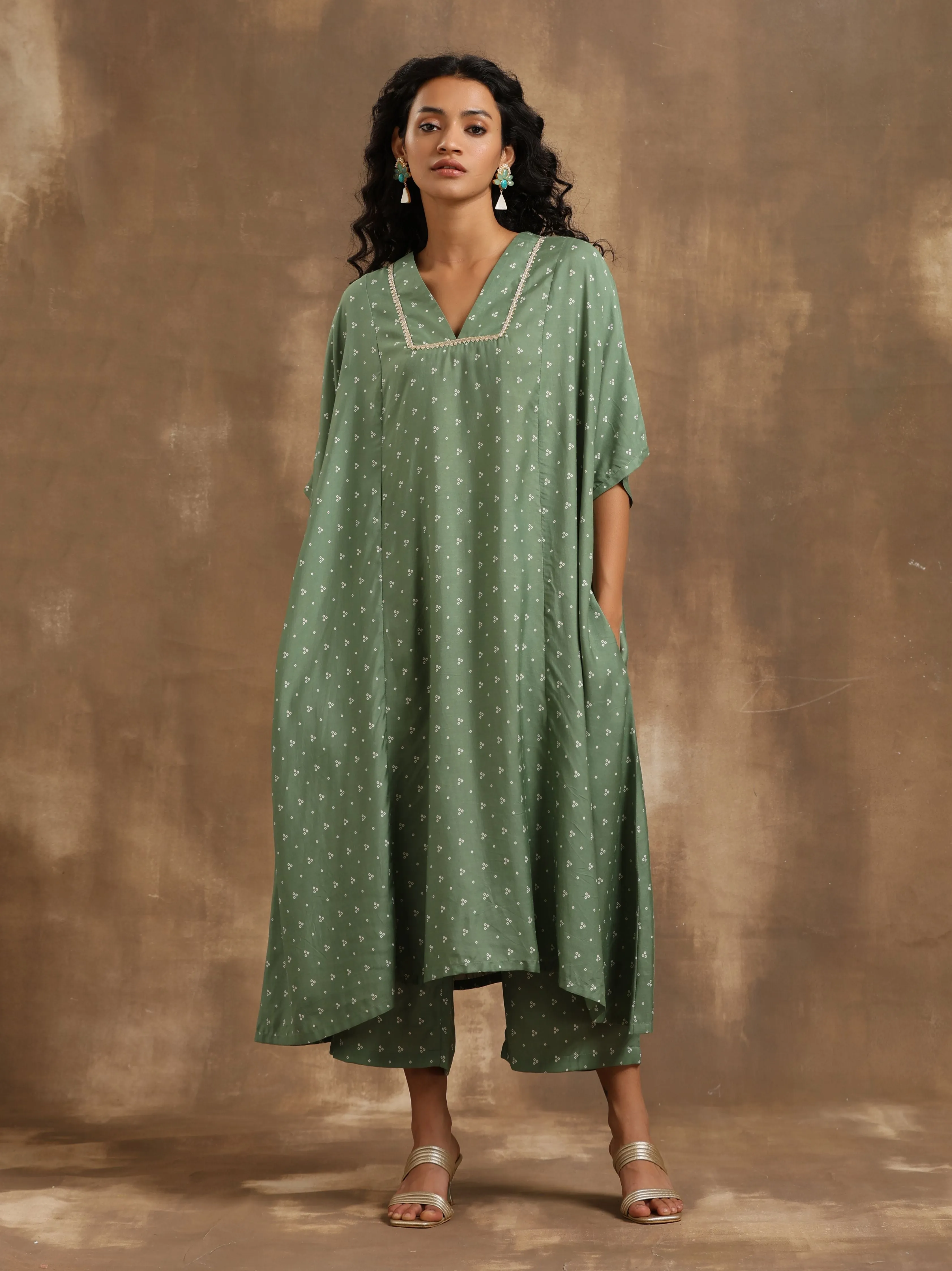 Light Green Bandhani Printed Silk Oversized Kurta Pant Set