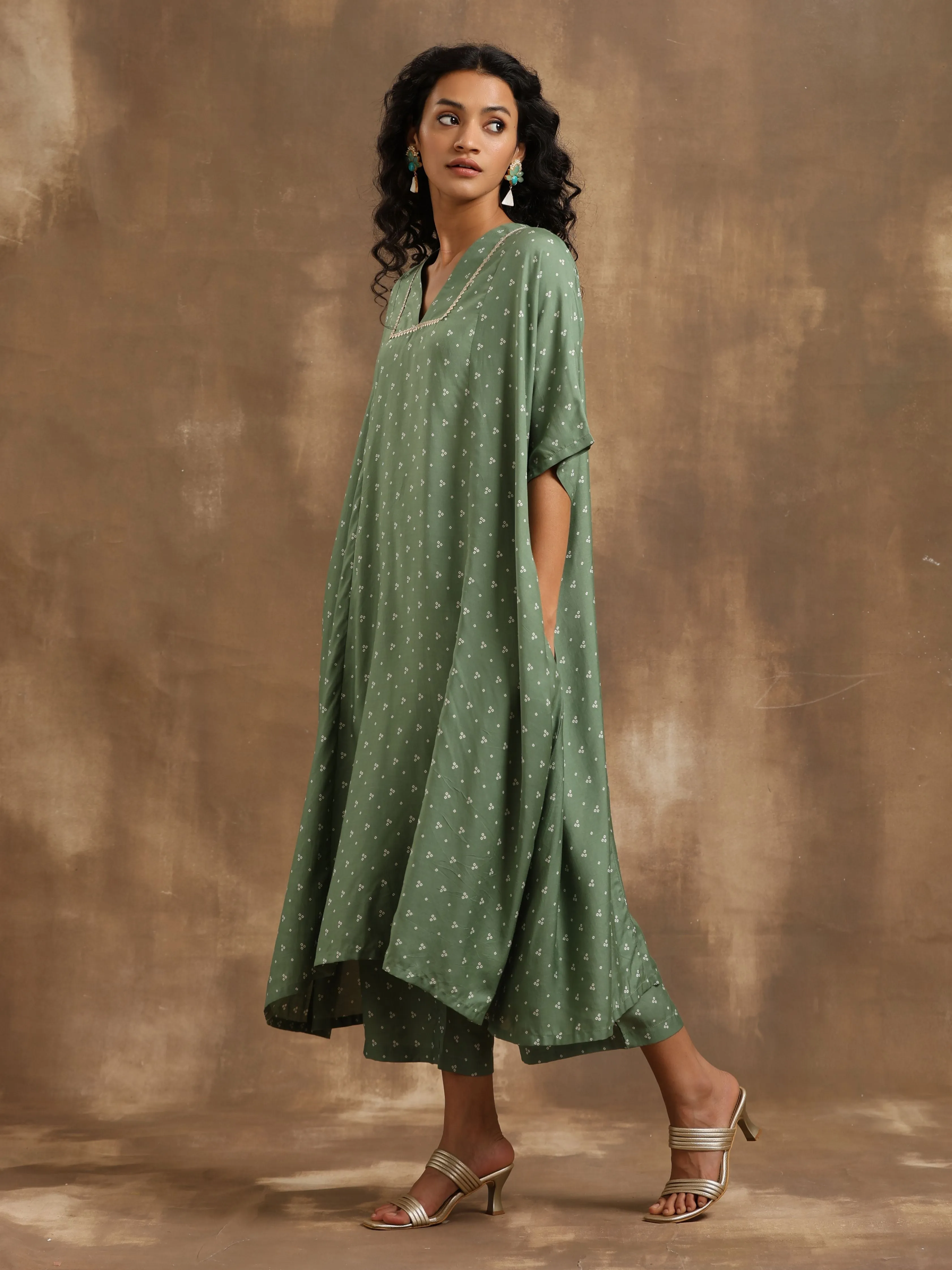 Light Green Bandhani Printed Silk Oversized Kurta Pant Set