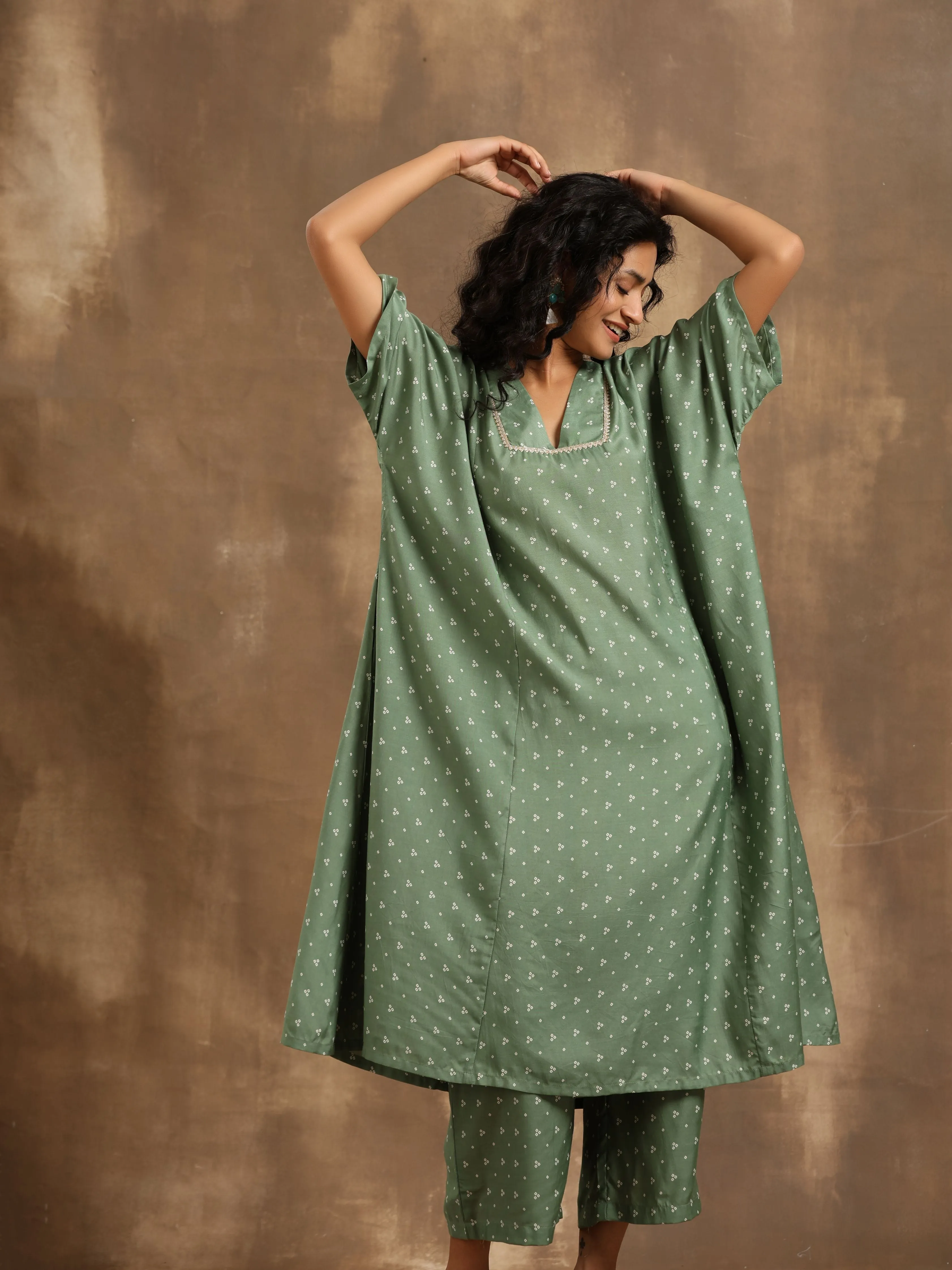 Light Green Bandhani Printed Silk Oversized Kurta Pant Set